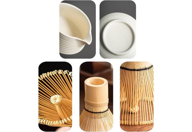 Matcha Tee Set 6-teilig Beige Weiß Mit Schale, Besen Und Löffel