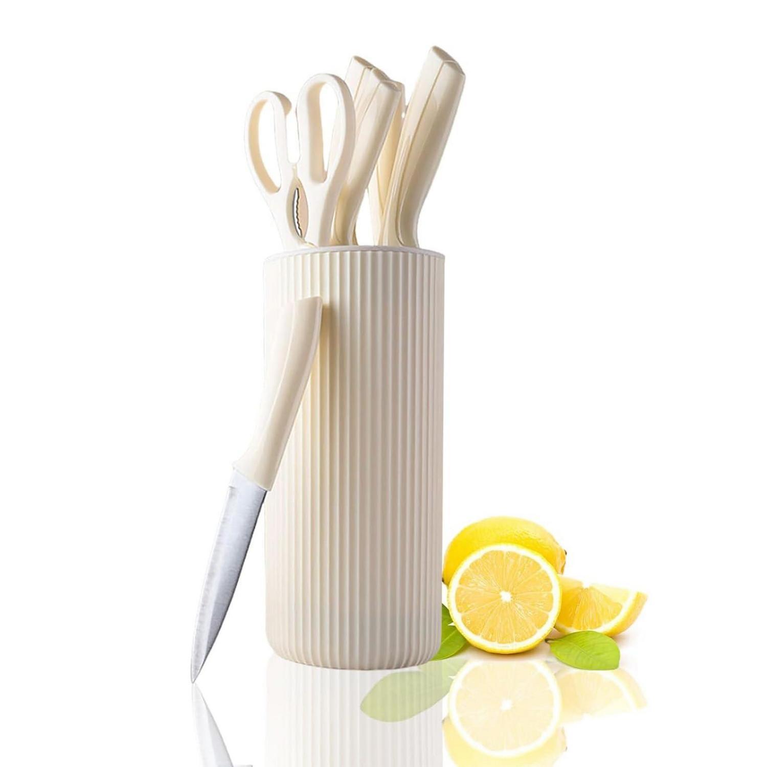 7-teiliges Küchenmesser Set Mit Messerblock, Edelstahl, Beige