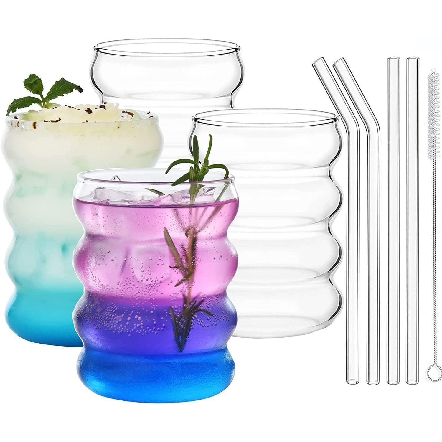 Gerippte Trinkgläser 4er Set Mit Glasstrohhalmen & Reinigungsbürste, 350ml