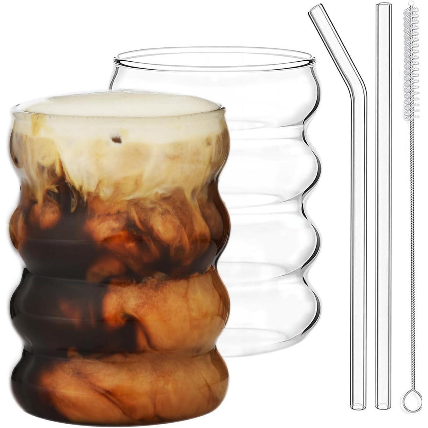 Gerippte Trinkgläser Set Mit Glasstrohhalmen, 350ml, Spülmaschinenfest
