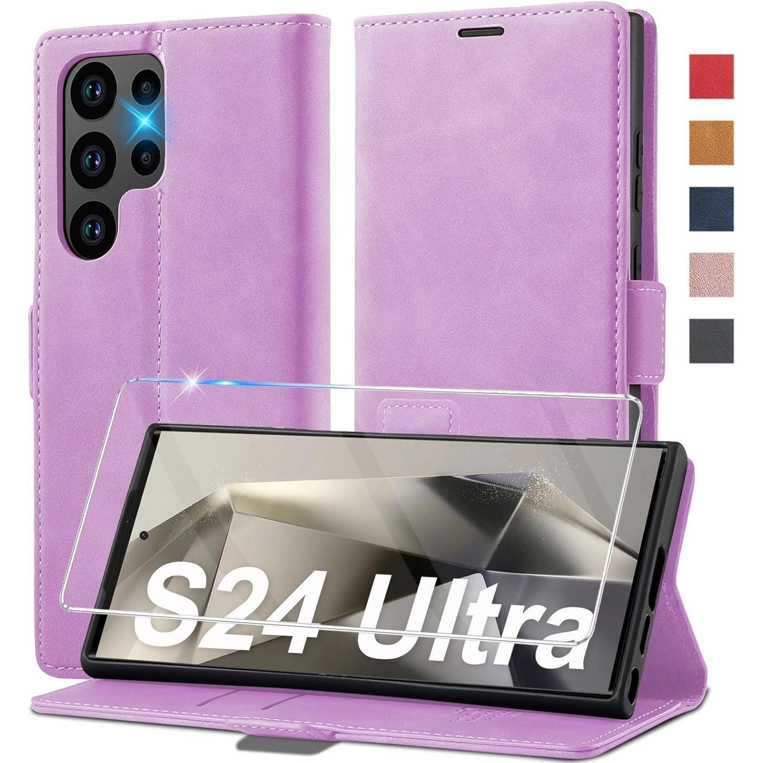 Klapphülle Für Samsung Galaxy S24 Ultra Mit Ständer, Kartenfächern Und Schutzfolie