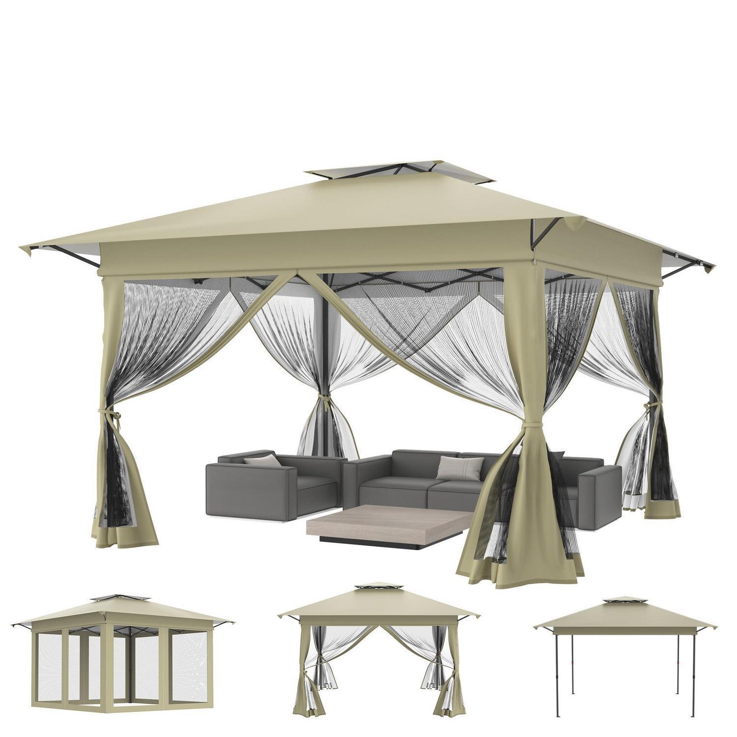 Faltpavillon 4x4m Mit Moskitonetz, Uv-schutz, Höhenverstellbar, Khaki
