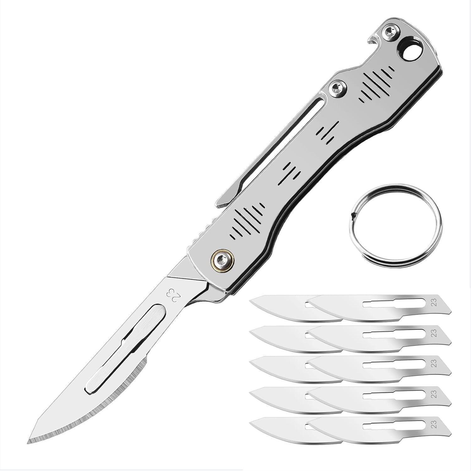 Klappmesser Skalpell Mit 10 Klingen 23, Mini Taschenmesser Edelstahl, Schlüsselanhänger, Flaschenöffner