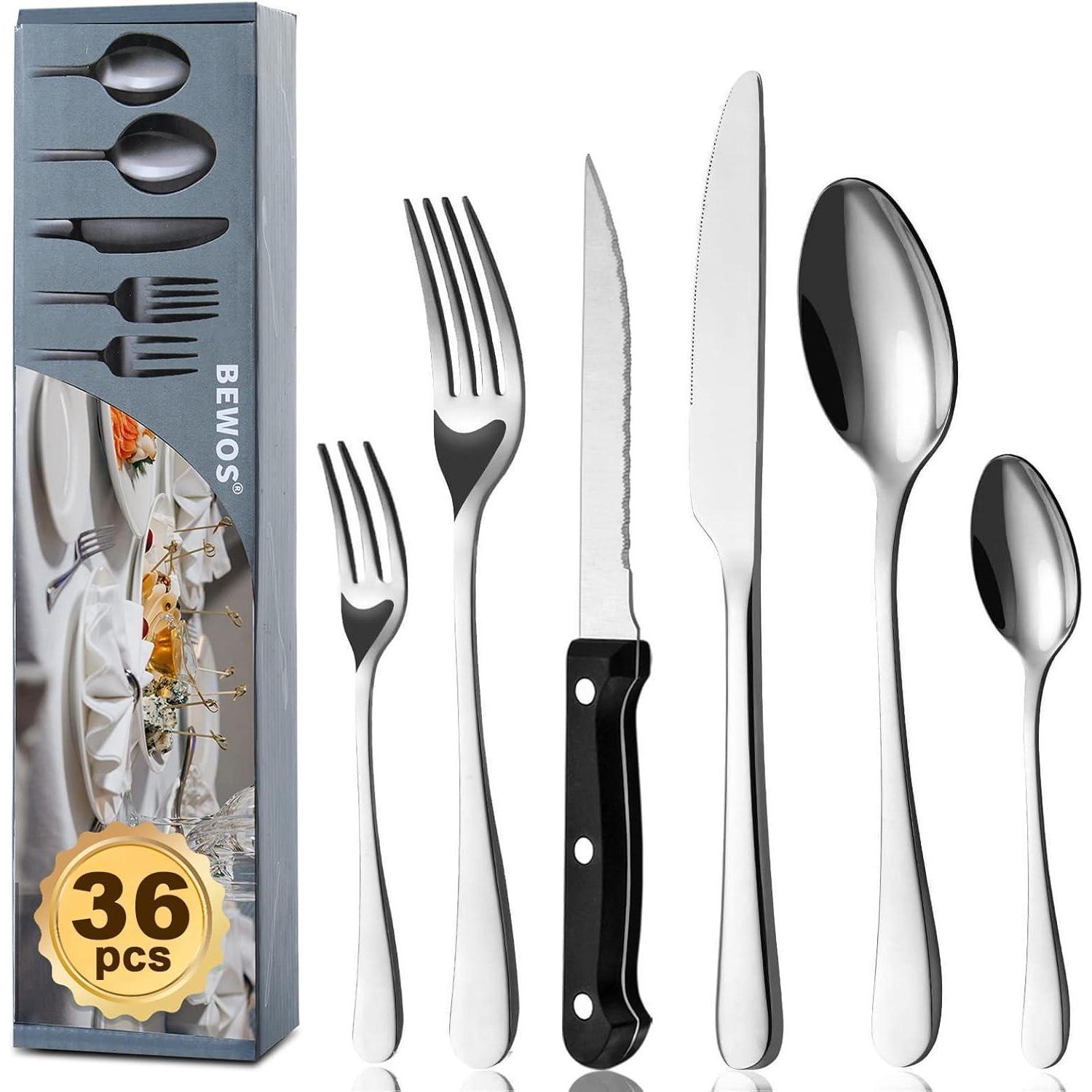 36-teiliges Besteckset Für 6 Personen, Edelstahl, Spülmaschinenfest, Mit Steakmessern