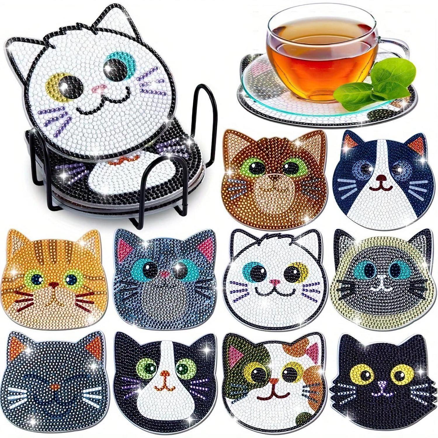 Diamantmalerei Untersetzer Set Mit Halter, 10 Stück Katzen 5d Diy Bastelset Für Erwachsene & Kinder