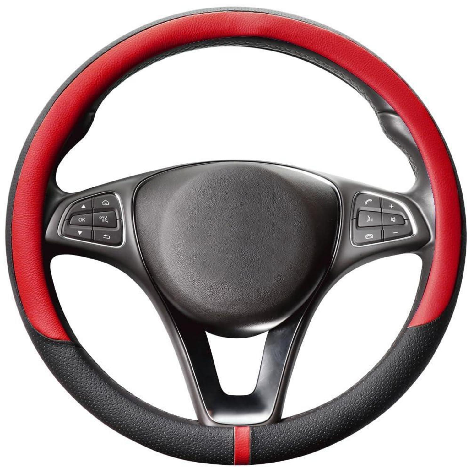 Lenkradbezug Auto Mikrofaser Leder Schwarz Rot 37-38cm Rund