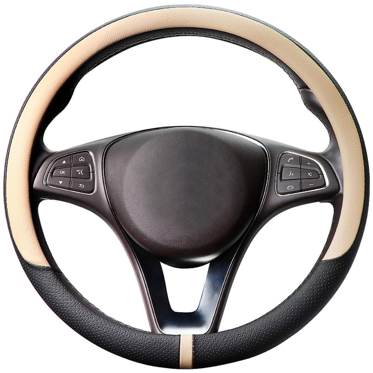 Lenkradbezug Auto Mikrofaser Leder Beige Schwarz 37-38cm Rund Anti-rutsch