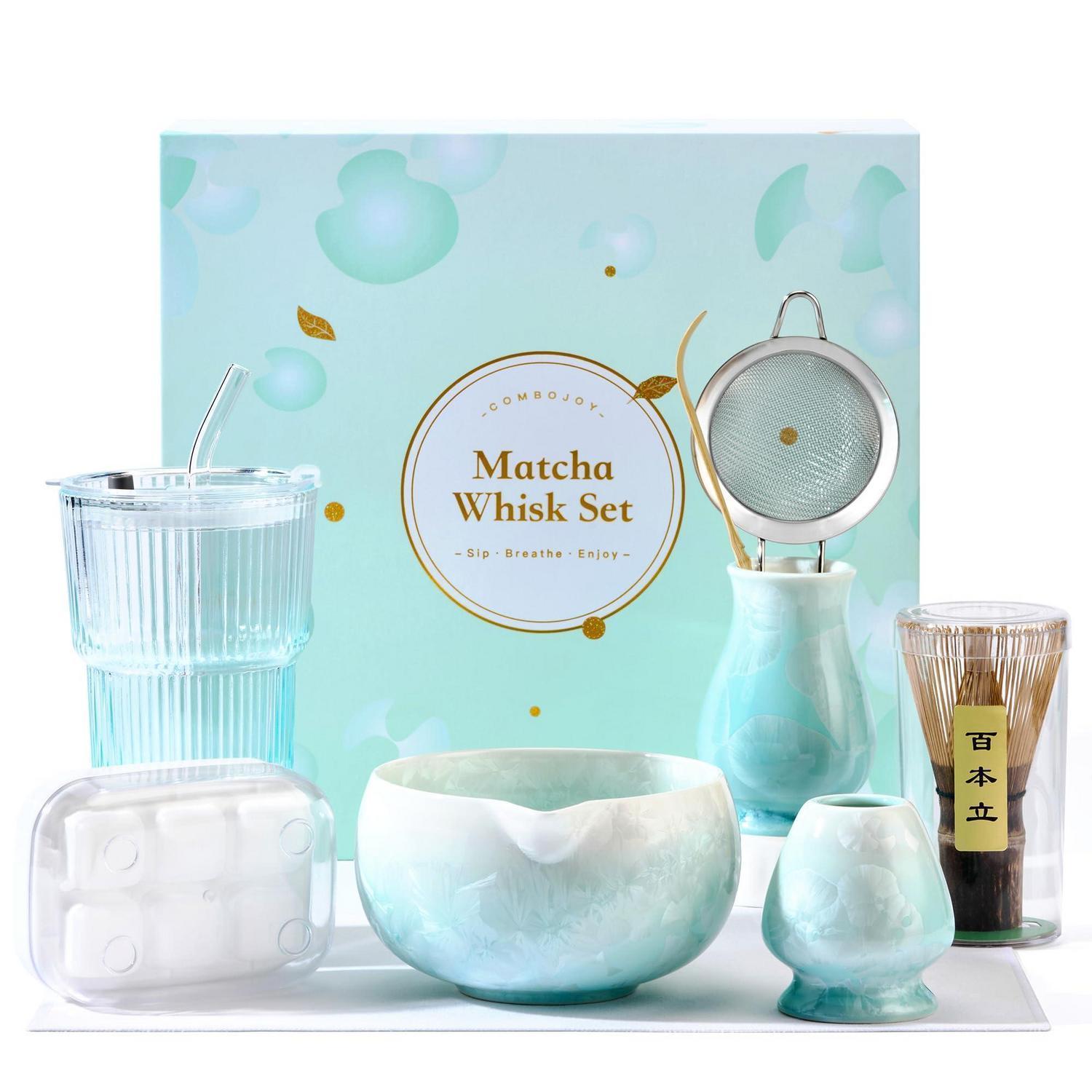 9-teiliges Matcha Set Mit Schale, Bambusbesen & Halter, Glasbecher, Eiswürfelform