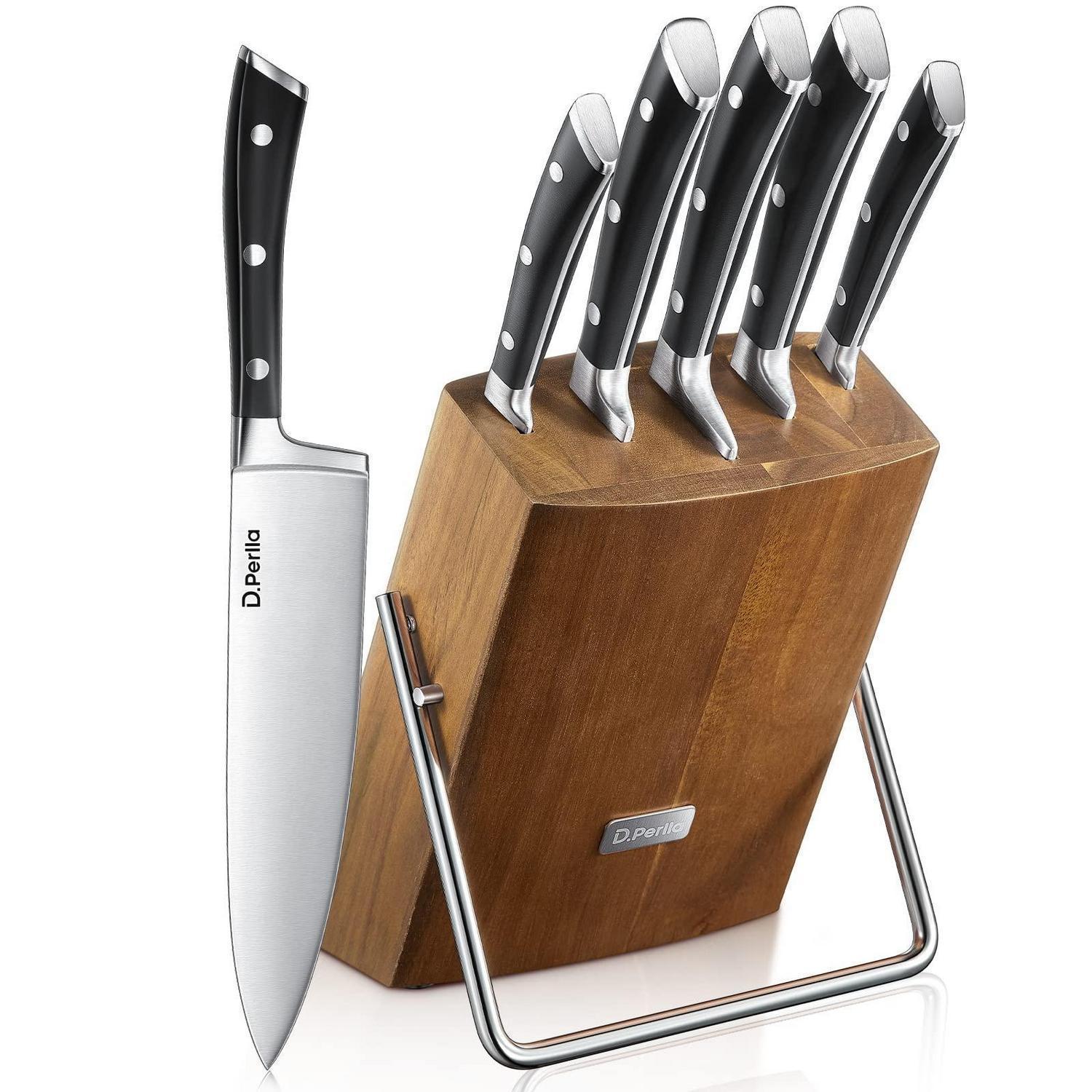6-teiliges Messerblock-set Mit Kochmessern Aus Edelstahl, Holzblock Braun