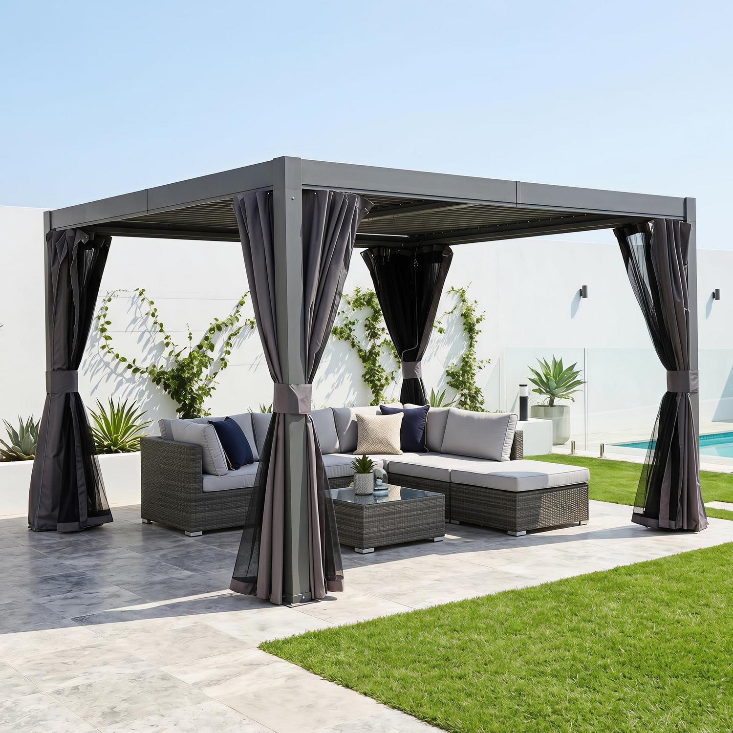 Lamellenpergola 3x3m Grau, Wasserdicht, Verstellbares Dach, Alu Terrassenüberdachung