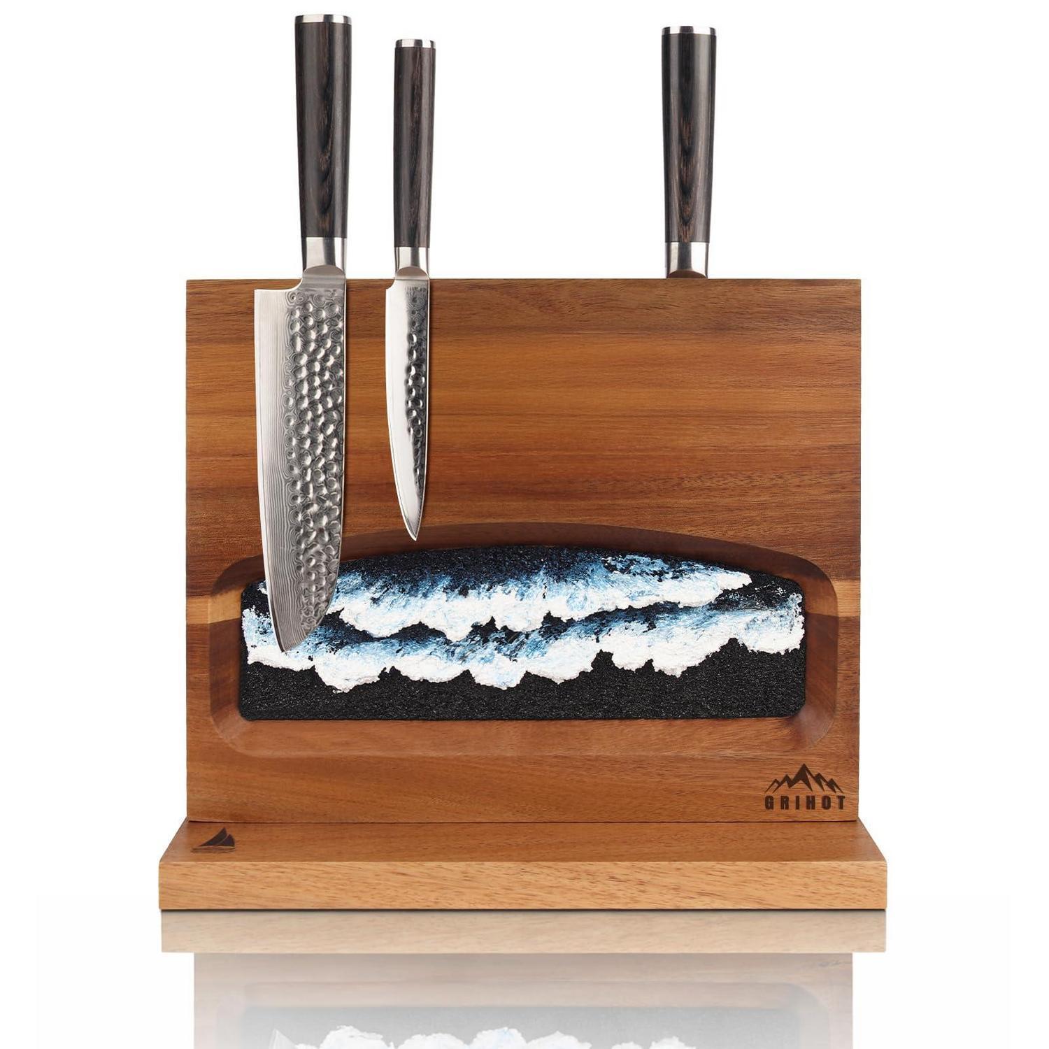 Doppelseitiger Magnetischer Messerblock Akazienholz Mit Handgemaltem Wellen-design