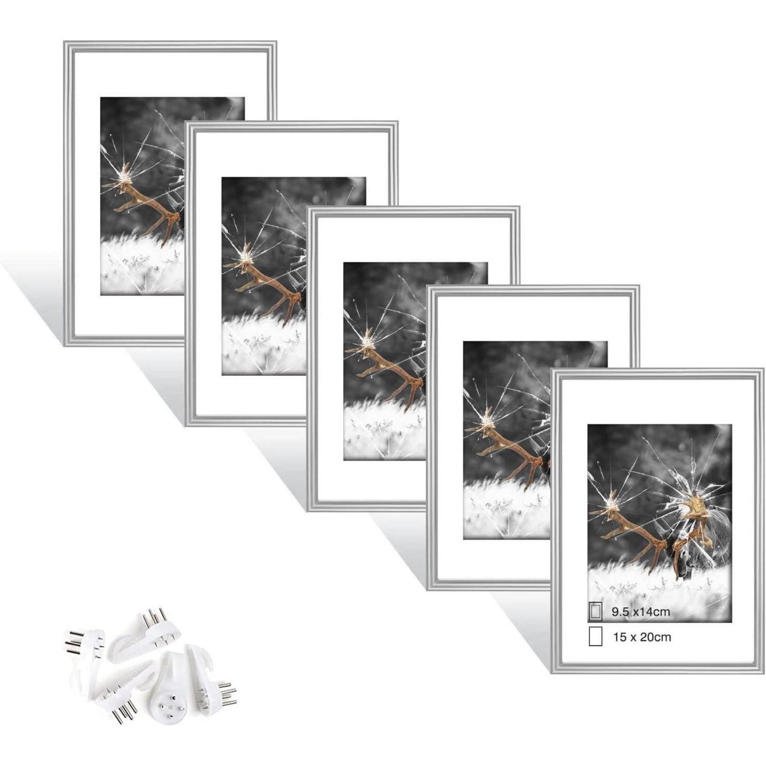 5er Bilderrahmen Set 15x20 Cm Silber Mit Plexiglas, Zum Aufhängen