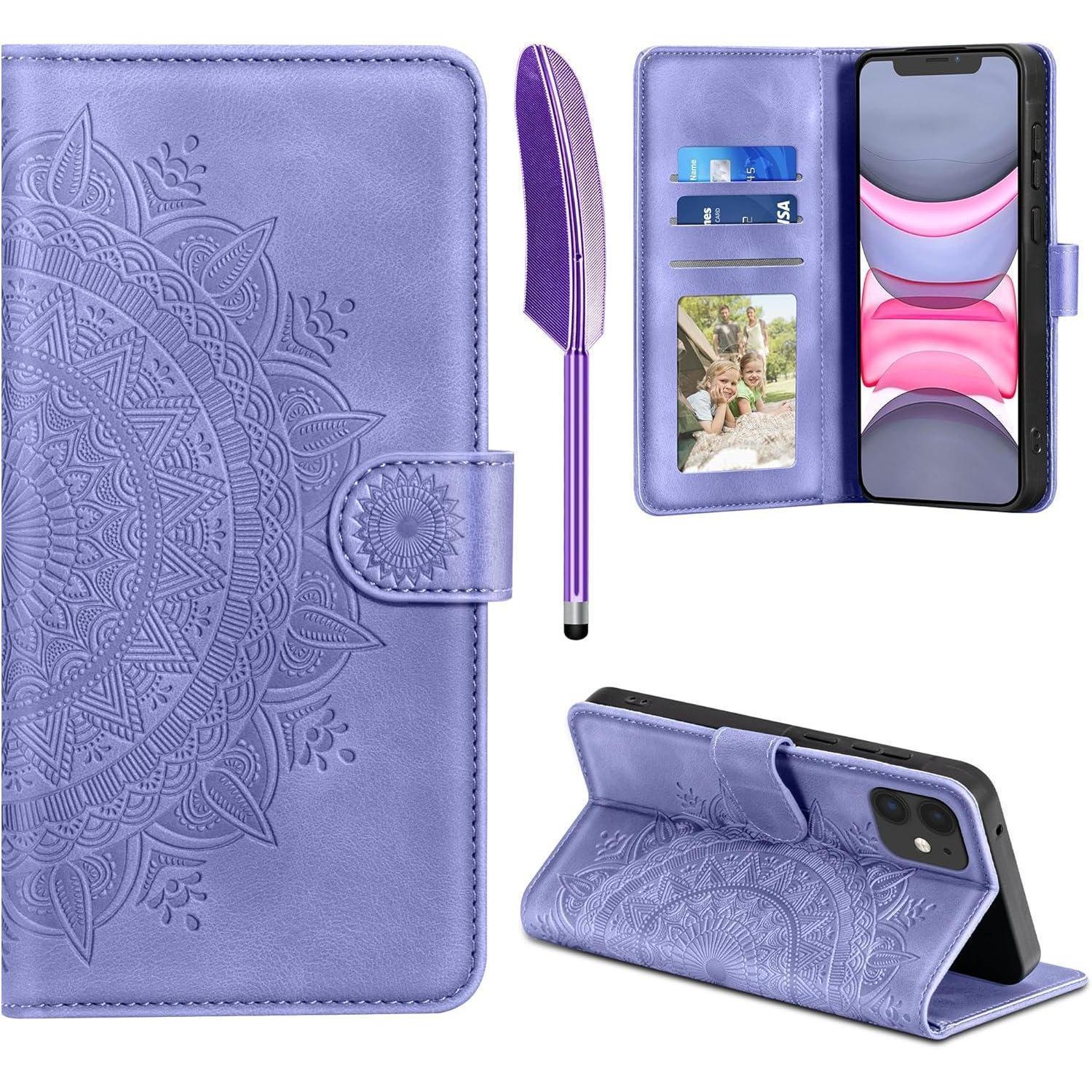 Iphone 11 Hülle Leder Wallet Mit Kartenfach, Ständer & Magnetverschluss, Lila