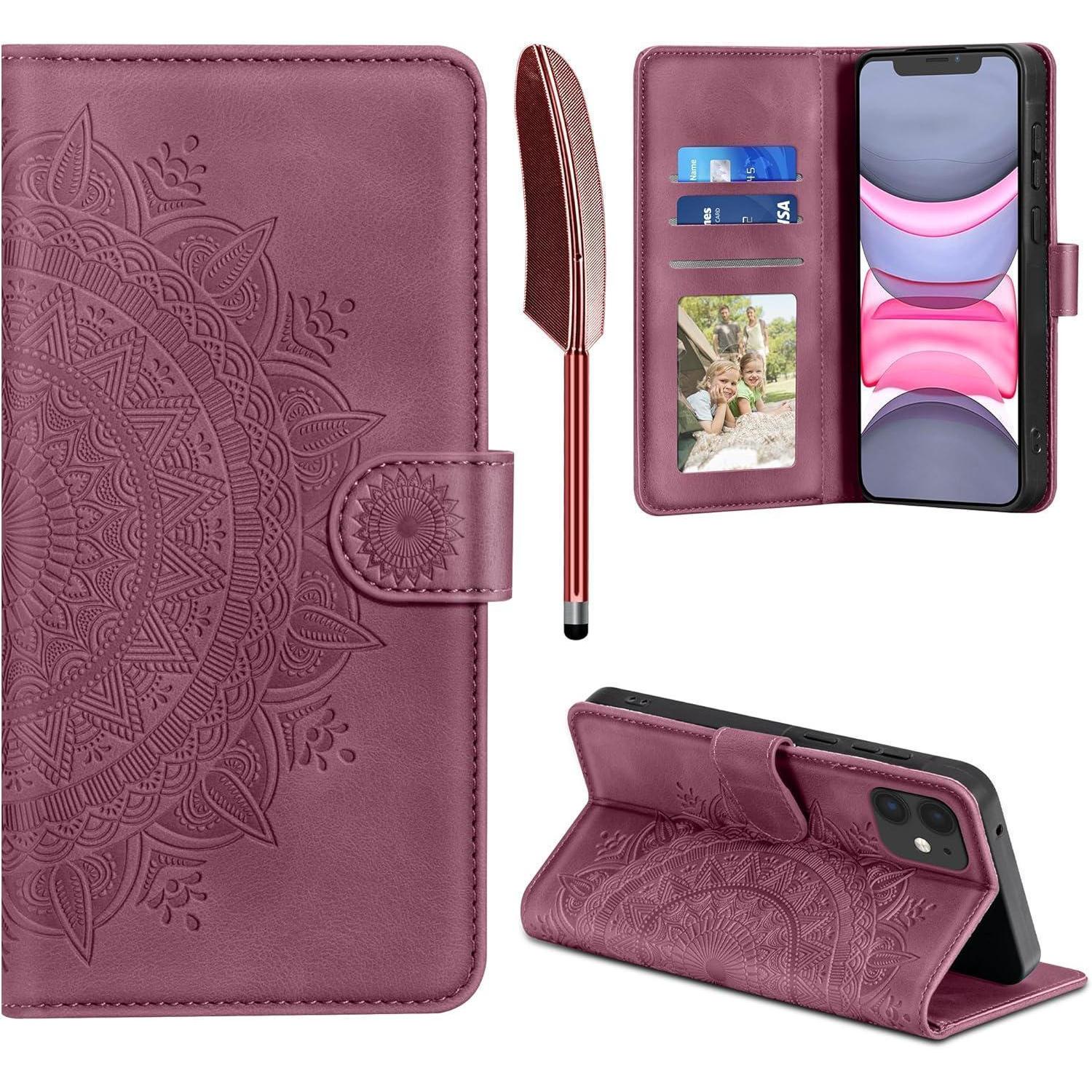 Iphone 11 Hülle Leder Wallet Mit Kartenfach, Ständer, Magnetverschluss, Weinrot