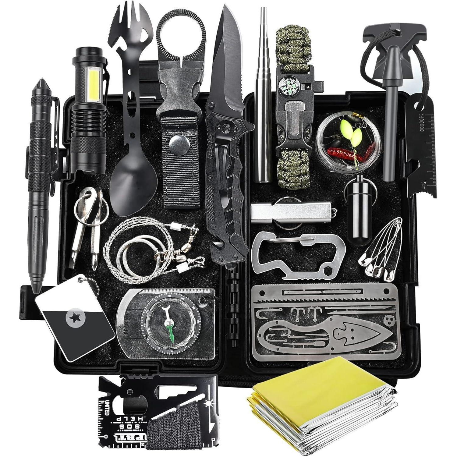 Survival Kit 21-in-1 Outdoor Notfallset Mit Kompass & Taschenlampe Für Camping & Wandern