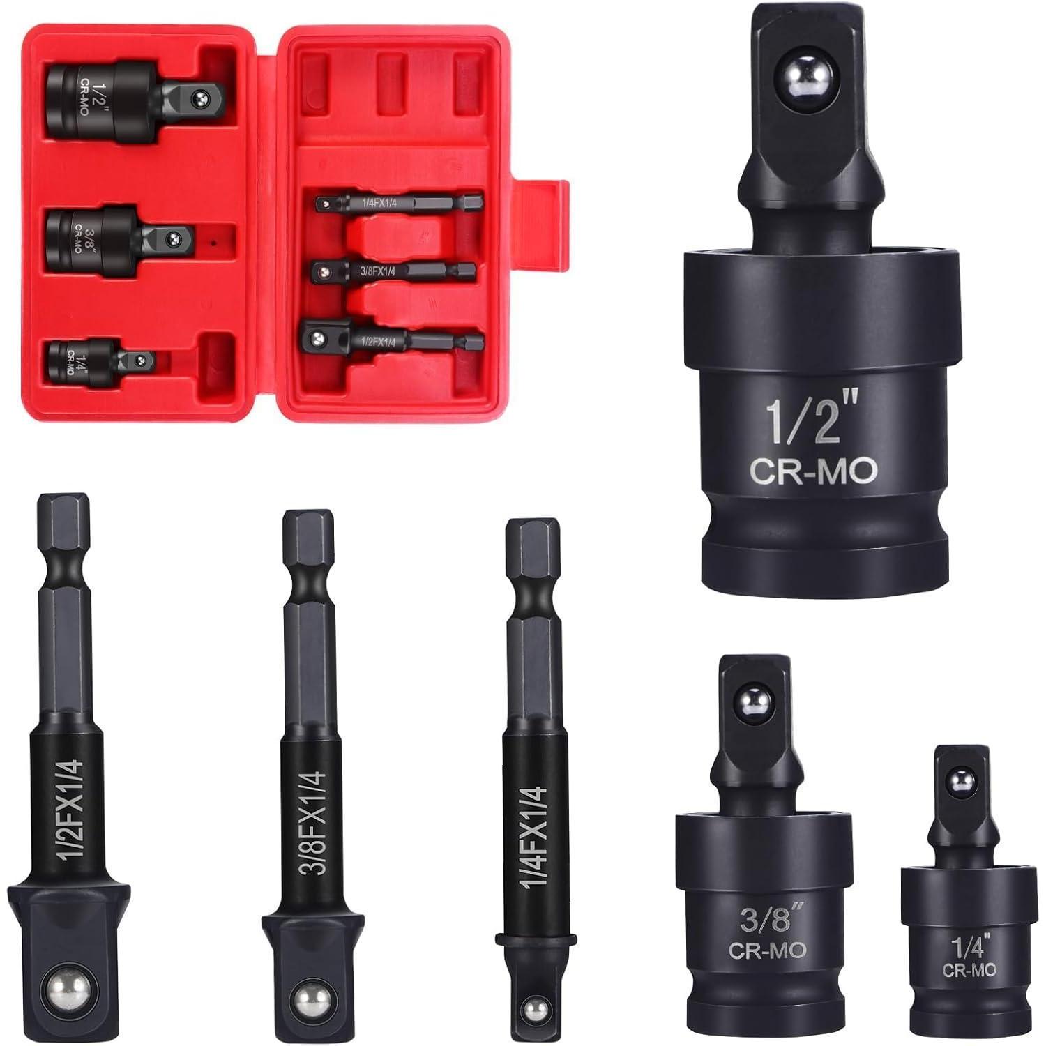 Stecknuss Adapter Set 6-teilig Mit Kardangelenk 1/4", 3/8", 1/2" Antrieb