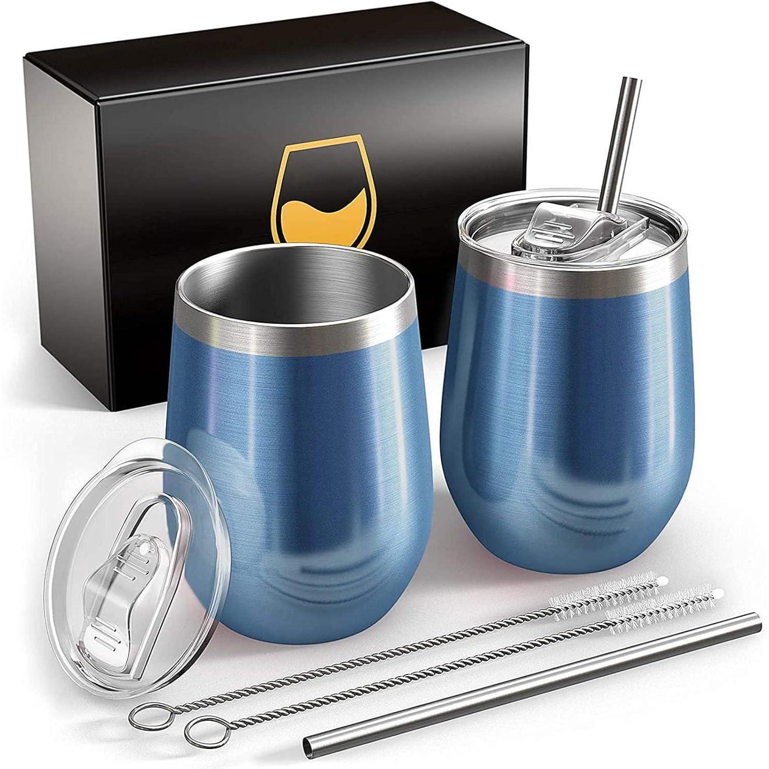 Edelstahl Weinbecher 2er Set 350ml, Vakuumisoliert, Bpa-frei, Mit Deckel