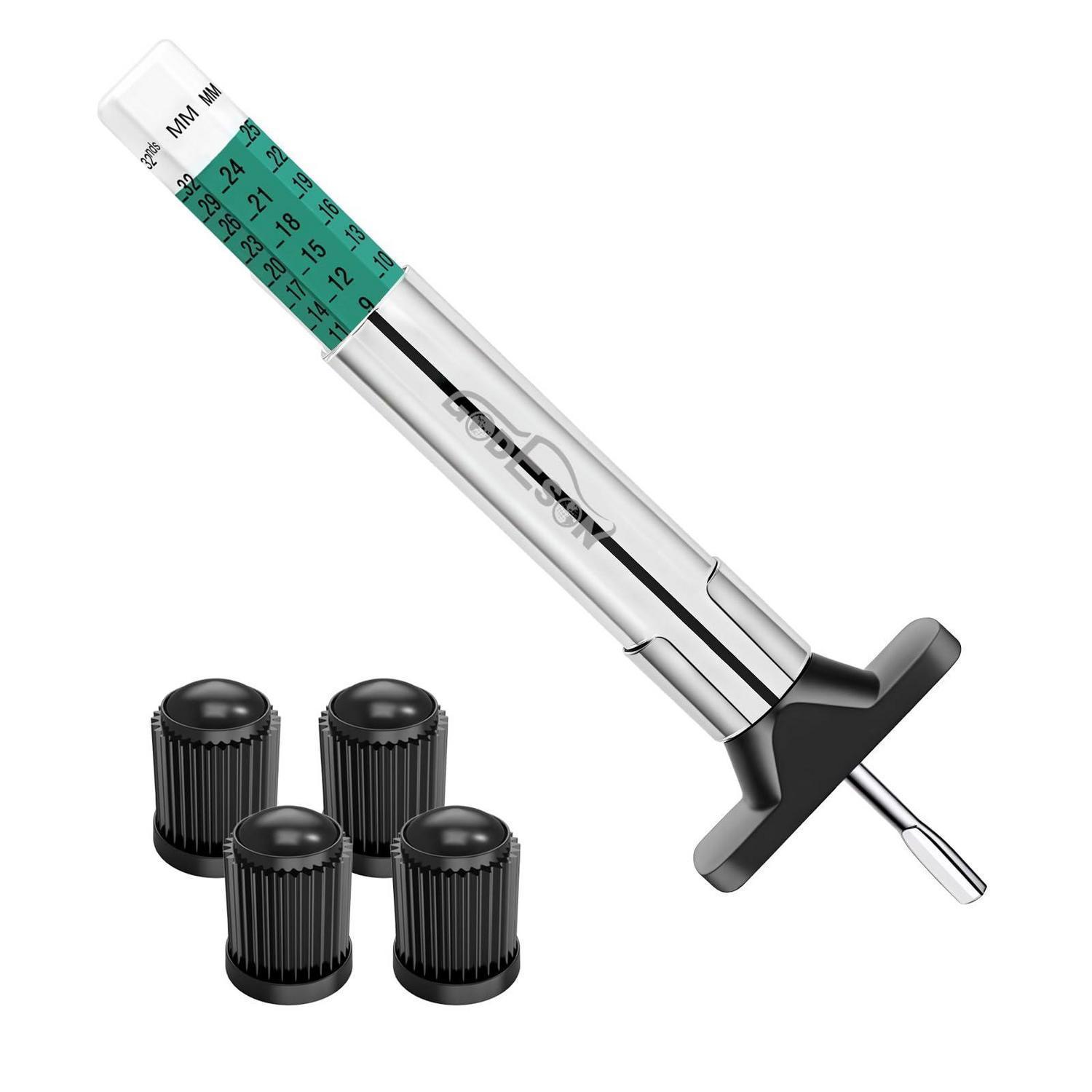 Reifenprofiltiefenmesser Mit 4 Ventilkappen, Dualskala 0-25mm/0-32/32", Farbcodiert