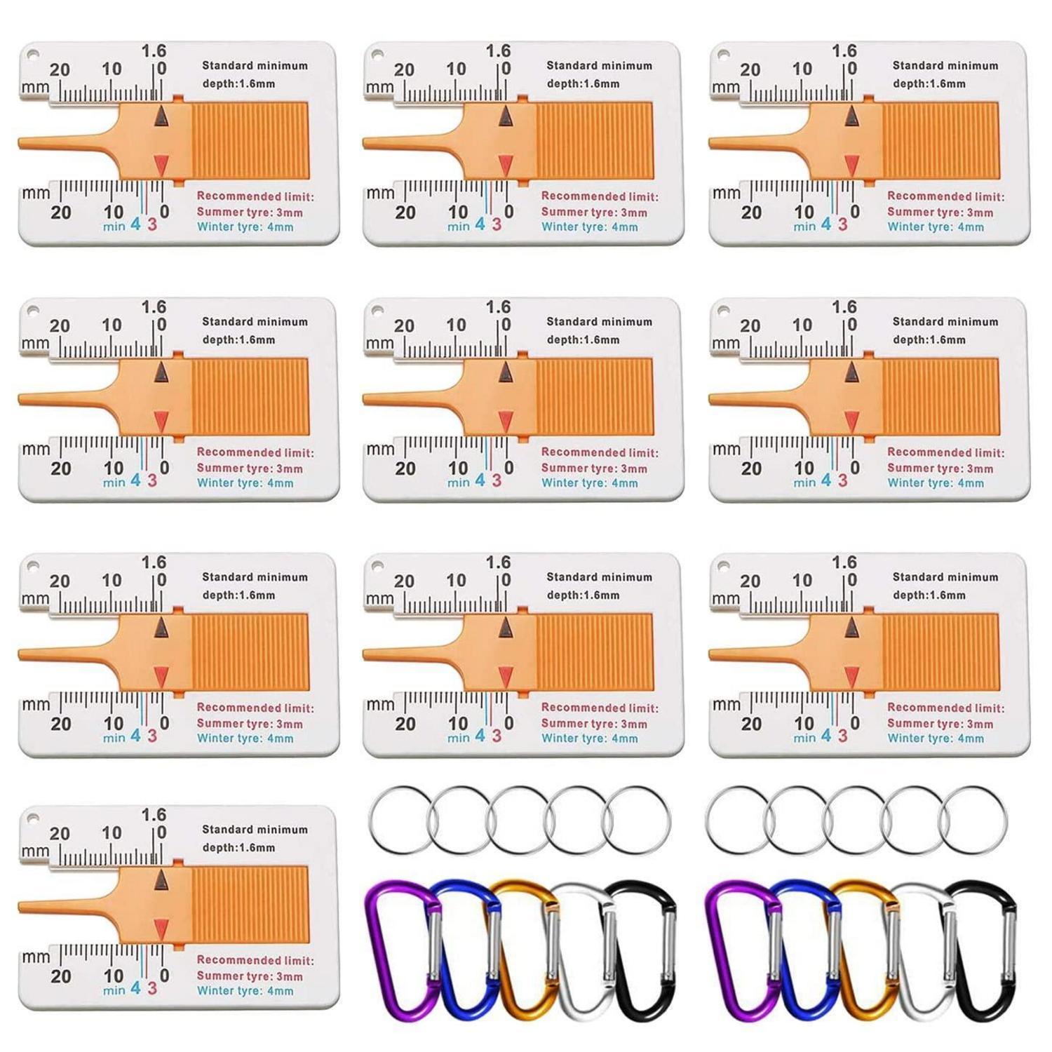 10x Reifenprofiltiefenmesser Kunststoff 0-20 Mm Mit Karabiner & Schlüsselanhänger