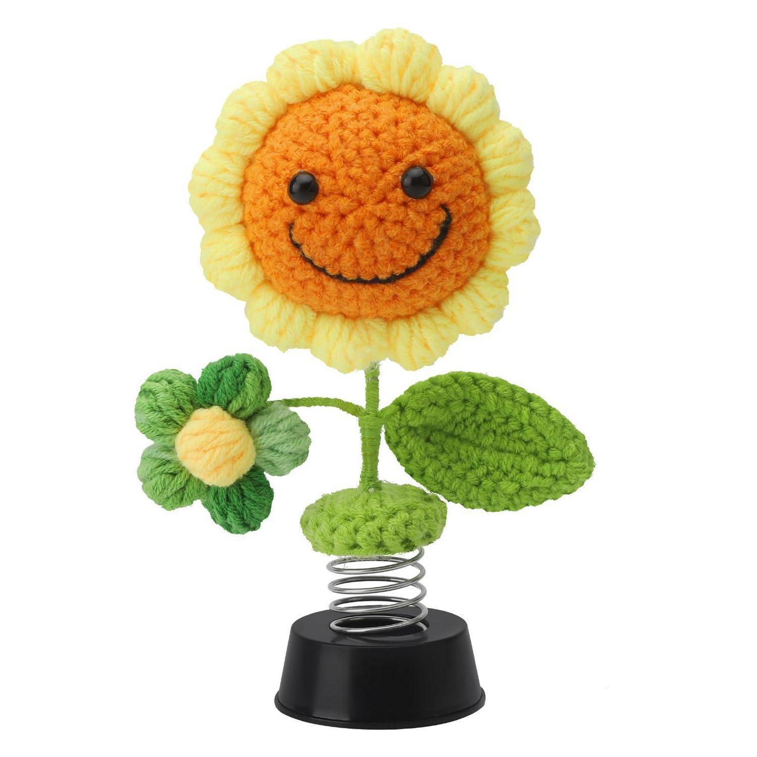 Gehäkelte Sonnenblume Wackelfigur Auto Deko Mit Feder, Handgemacht
