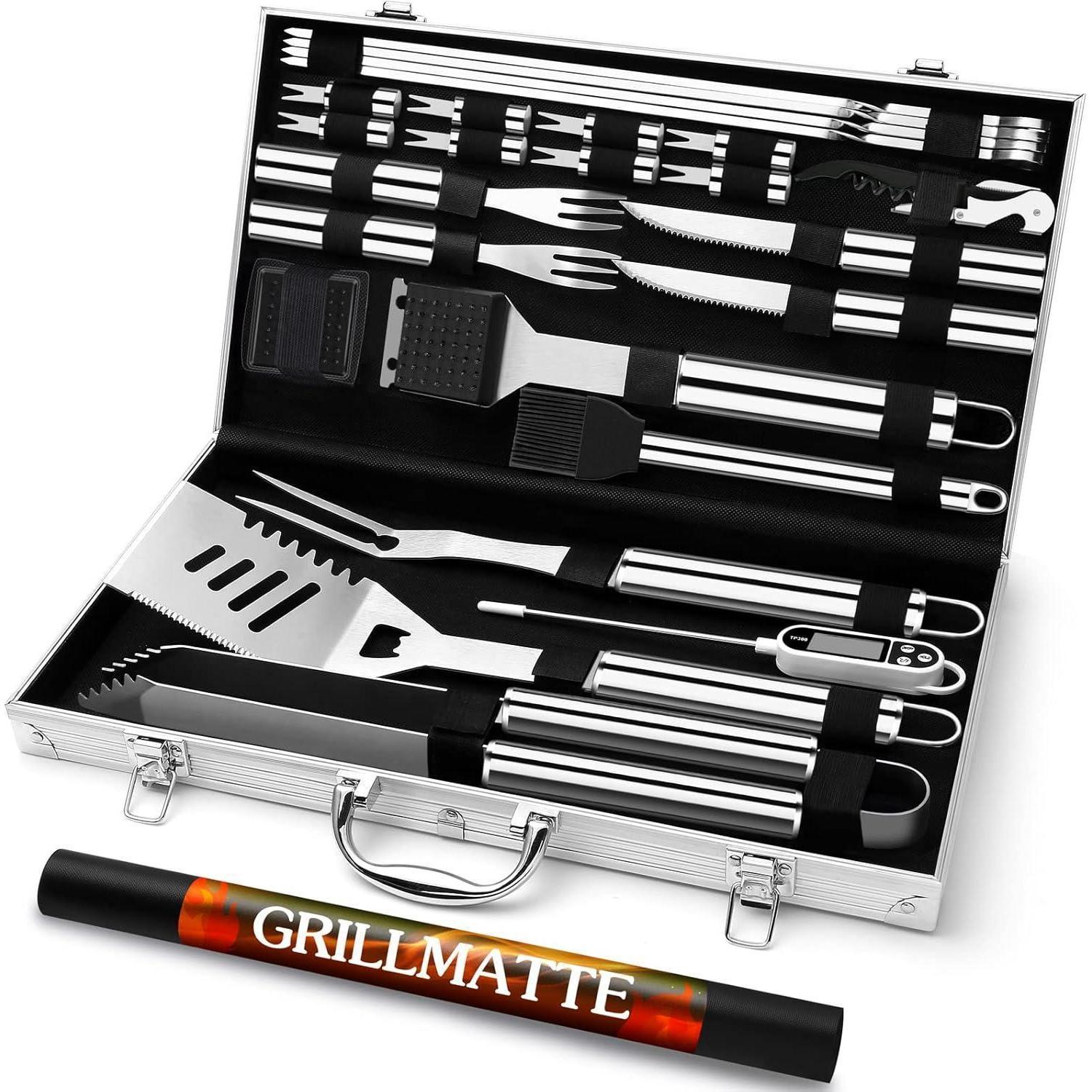 26-teiliges Edelstahl Grillbesteck Set Mit Thermometer Und Koffer