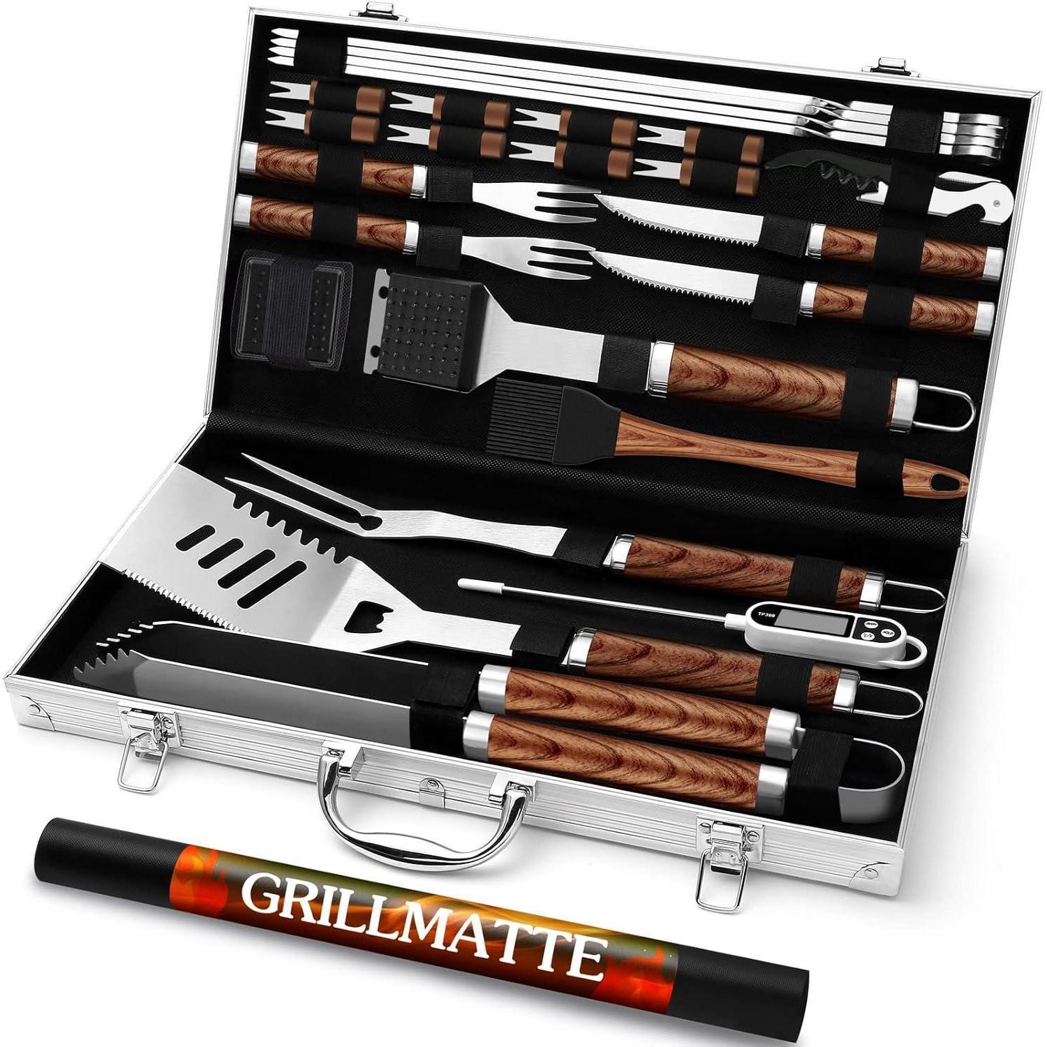 26-teiliges Edelstahl Grillbesteck Set Mit Koffer Und Fleischthermometer