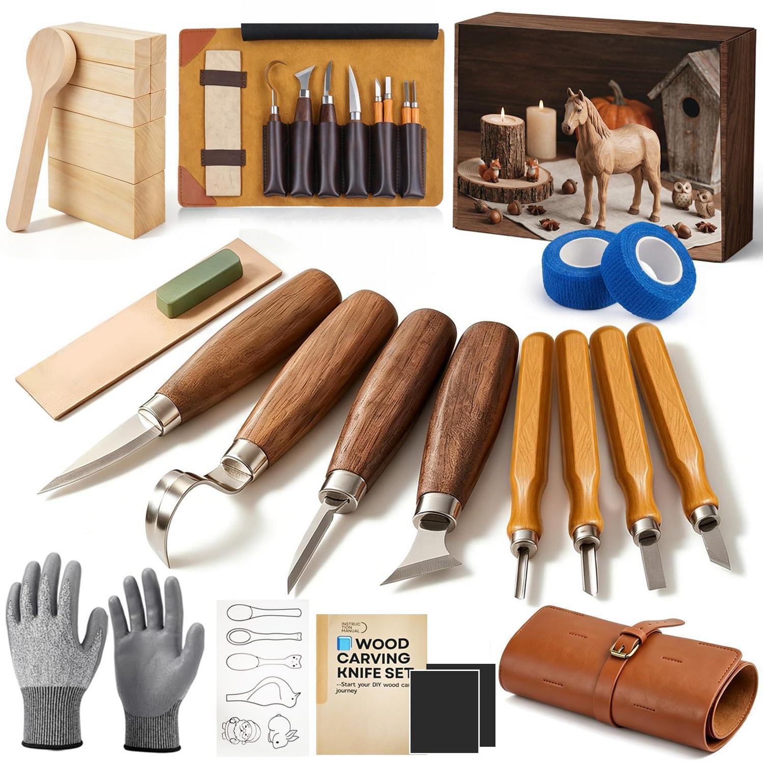 Holzschnitzwerkzeug Set 25-teilig Für Anfänger Mit Schärfstein Und Handschuhen
