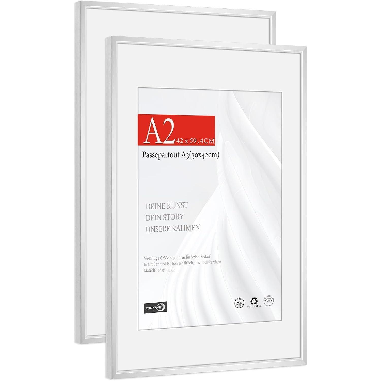 Bilderrahmen A2 42x59,4cm Aluminium Silber Mit Passepartout A3, Bruchsicherem Kunstglas