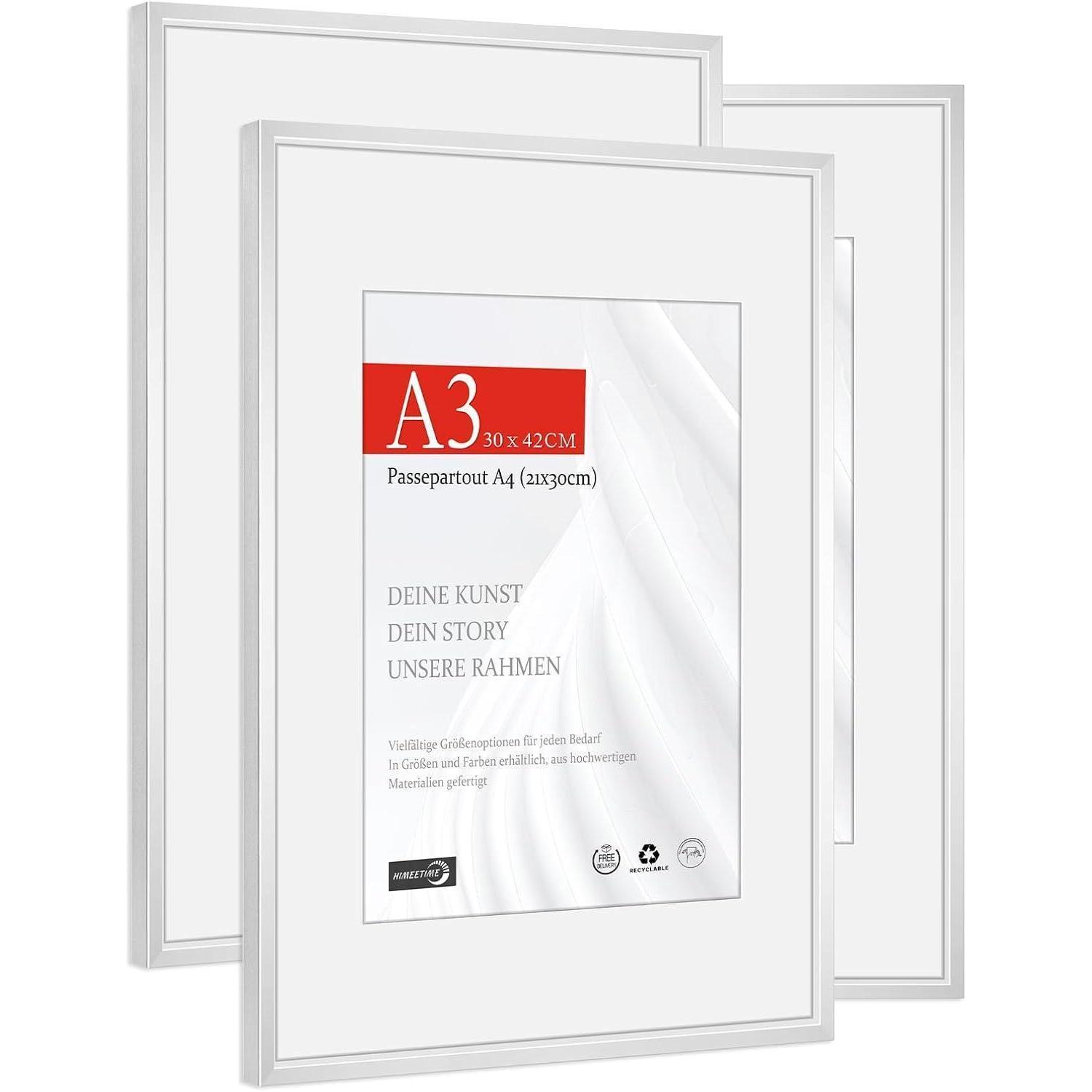 3x Bilderrahmen Aluminium Silber A3 (29,7x42cm) Mit Passepartout A4 (21x30cm)