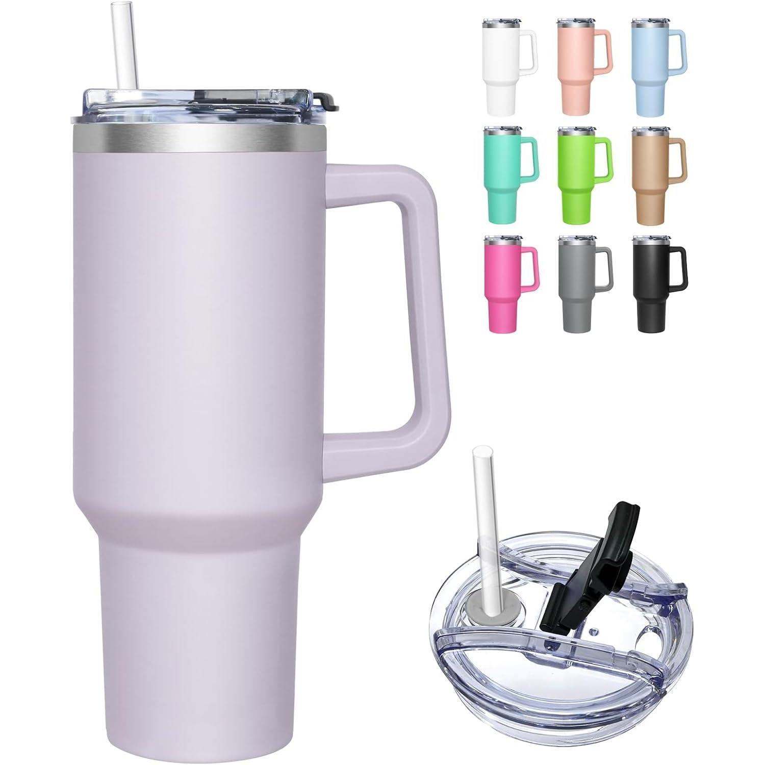 Isolierbecher 1180ml Mit Henkel, 2-in-1-deckel & Strohhalm, Edelstahl, Helles Lila