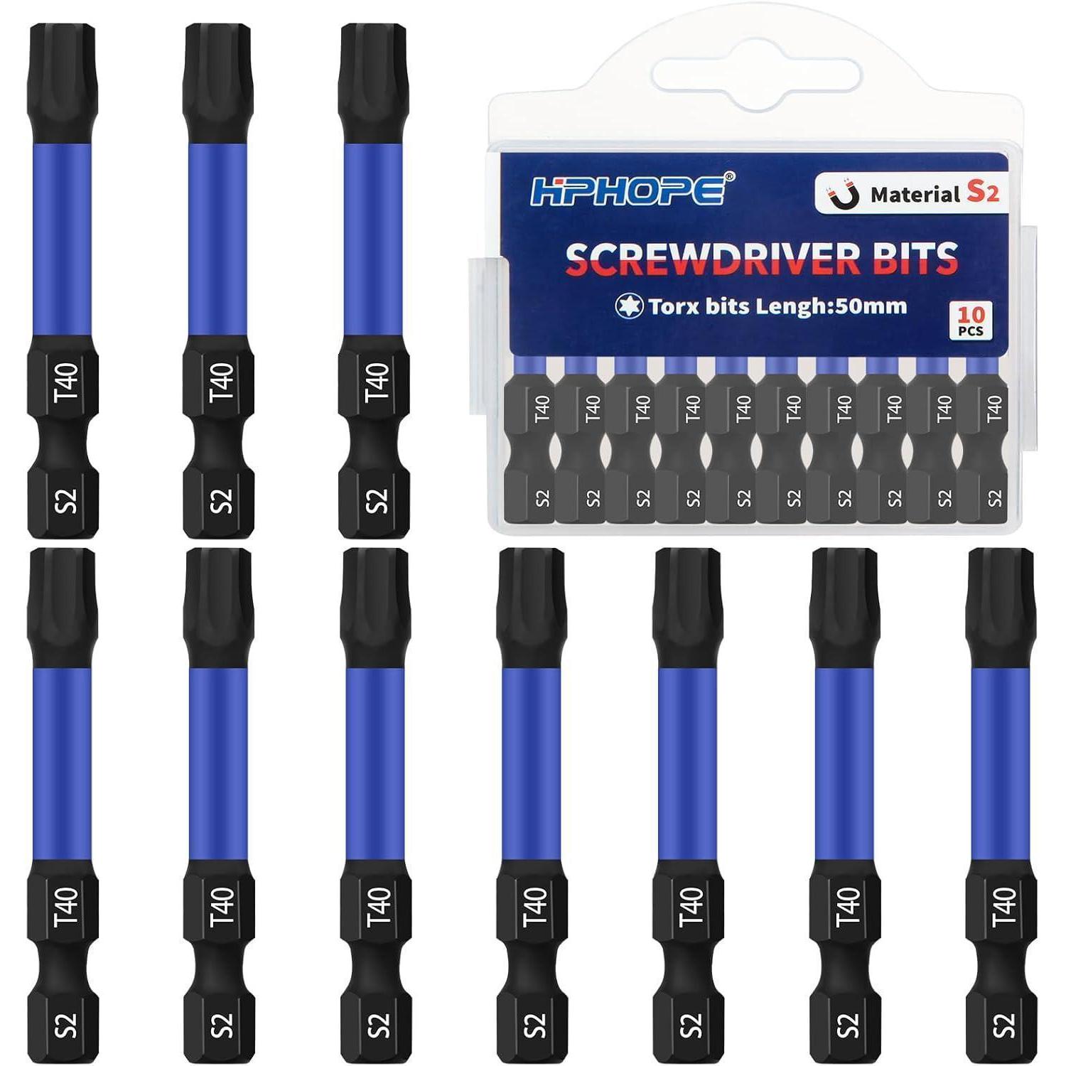 Torx Bits T40, 50mm Länge, 10 Stück, S2 Stahl, Magnetisch