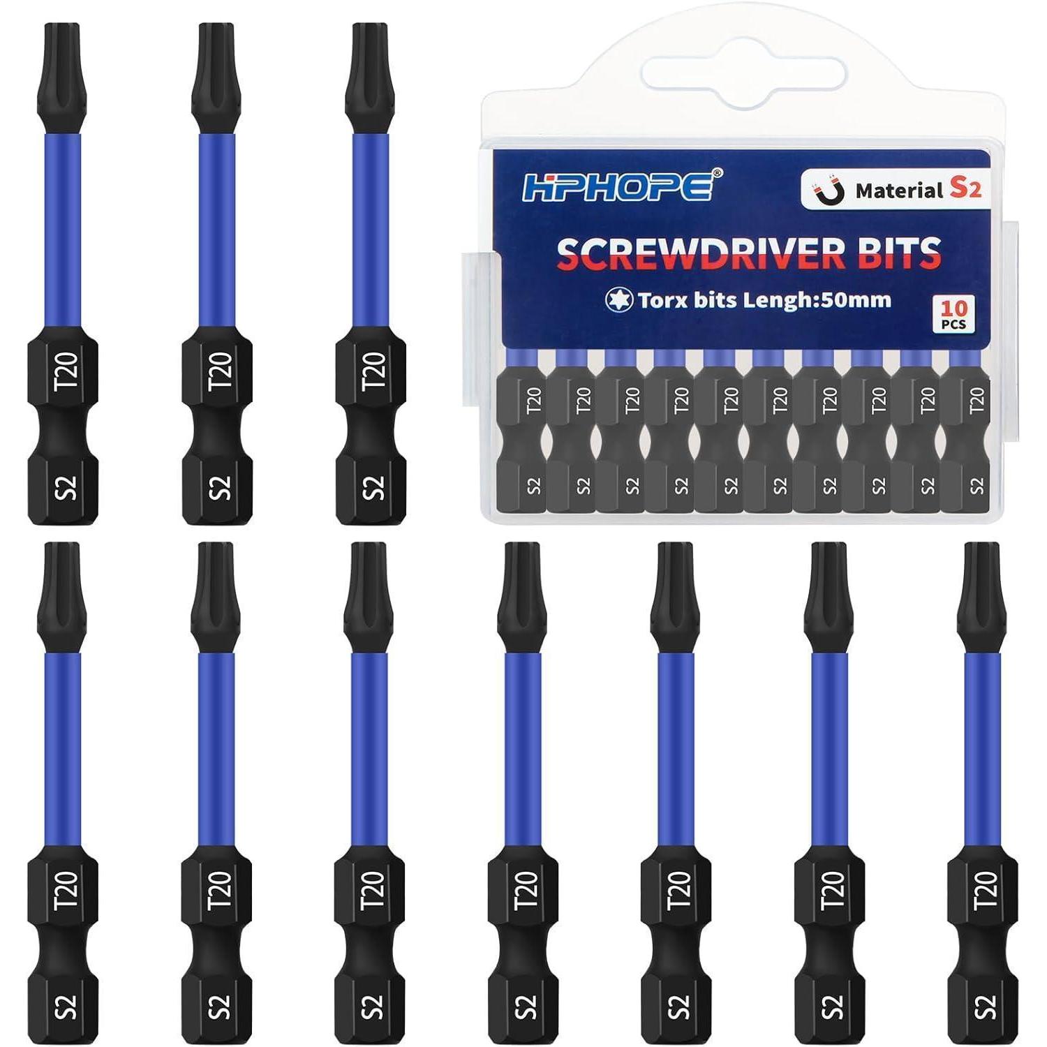 Torx Bits T20, 50mm Länge, 10 Stück, S2 Stahl, Magnetisch