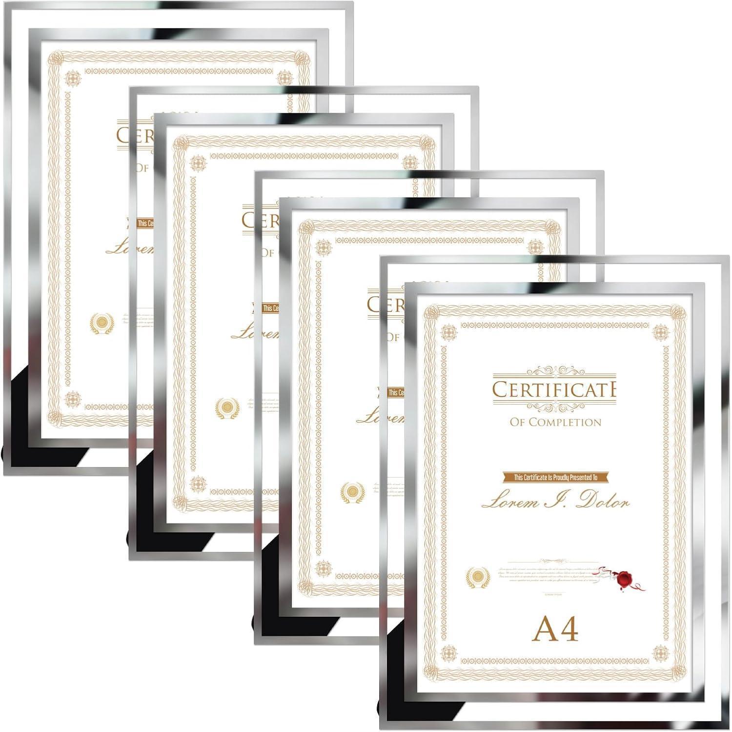 4er Set Bilderrahmen A4 Silber Glas Für Zertifikate & Diplome, Tischaufsteller