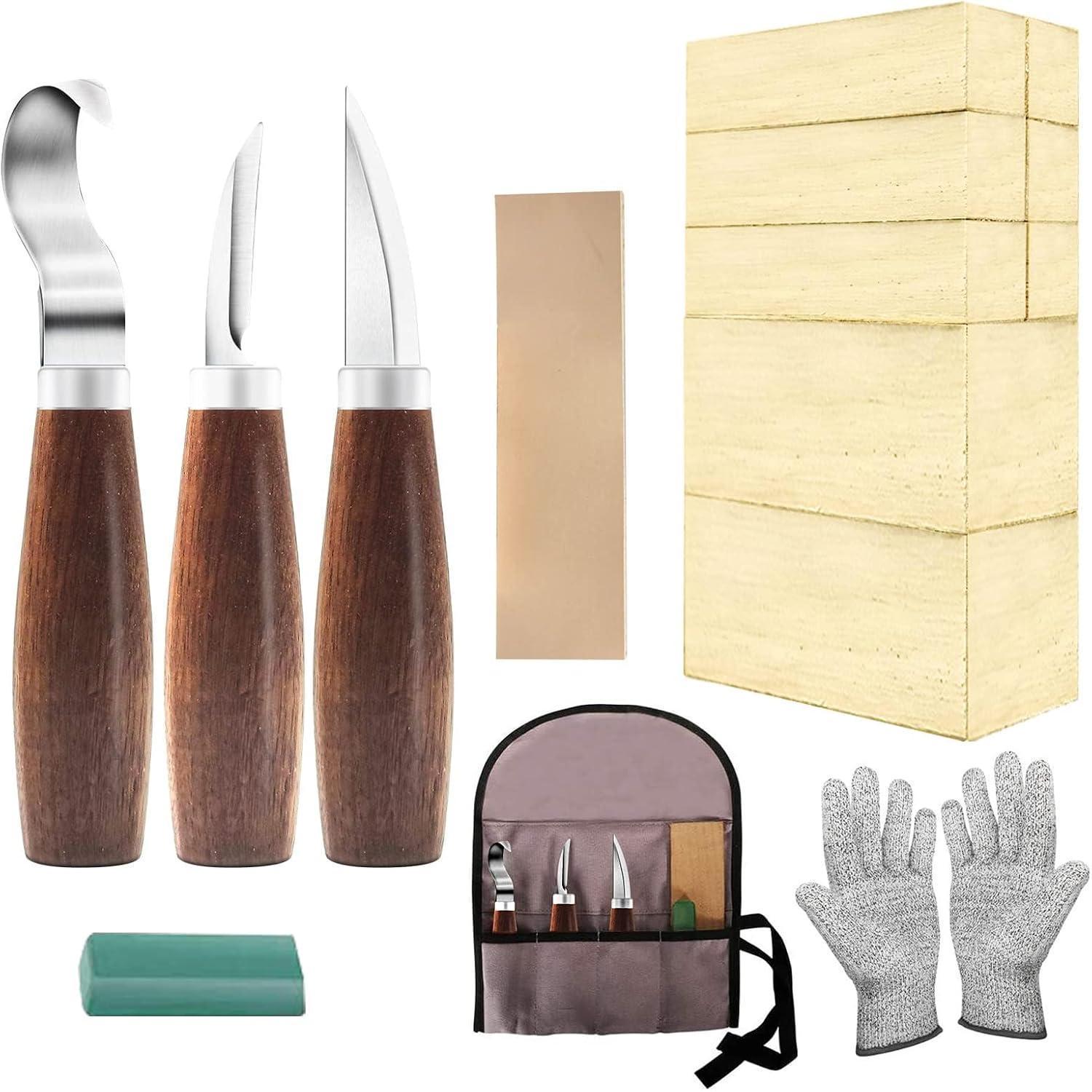 Holzschnitzset Mit 3 Messern, 8 Lindenholzblöcken & Handschuhen