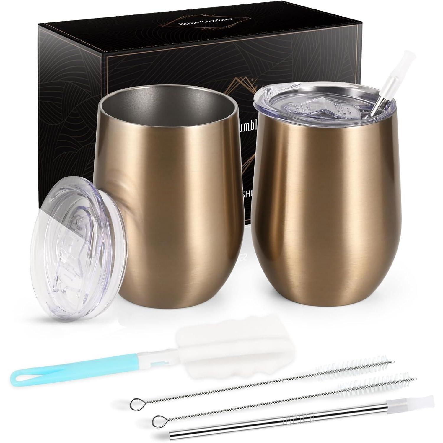 2er Set Edelstahl Weinbecher Mit Deckel, 350ml, Doppelwandig, Isoliert, Champagner-gold