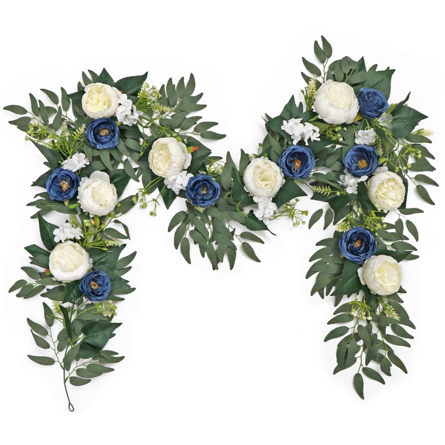 Künstliche Blumen Girlande Eukalyptus Mit Rosen, 2x 200cm, Blau & Weiß