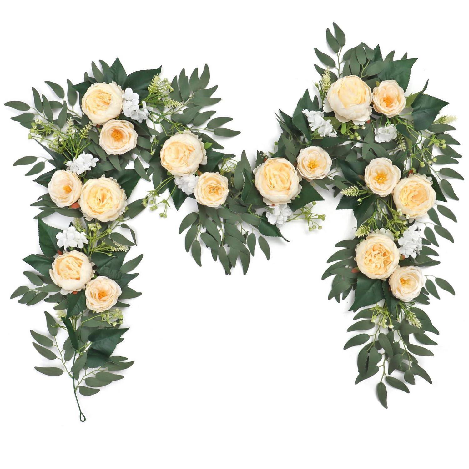 Künstliche Blumen Girlande Eukalyptus Pfingstrosenrebe 200cm Champagner 2 Stück