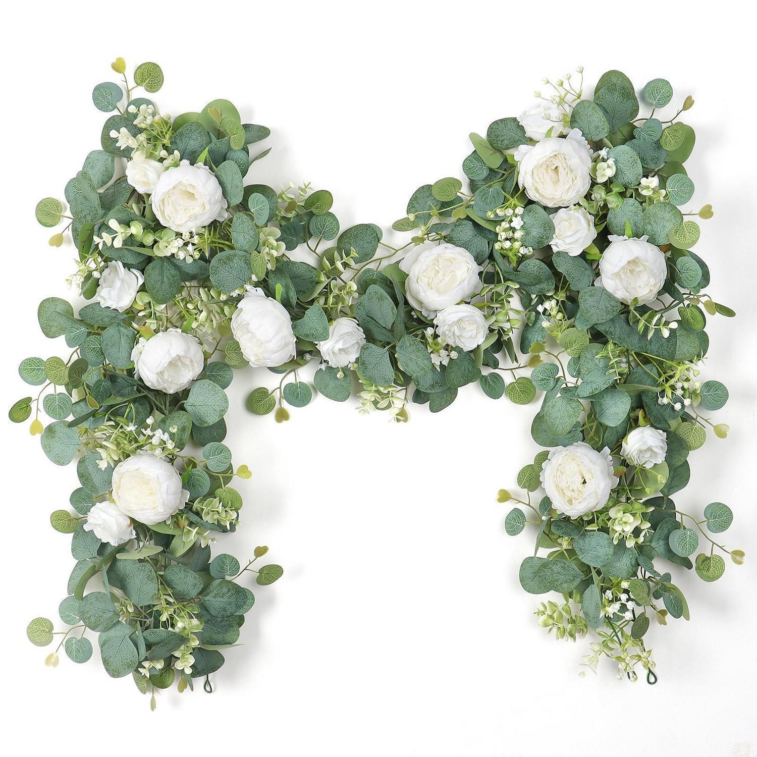 2er Set Künstliche Blumengirlande Eukalyptus Mit Rosen 200cm Weiß