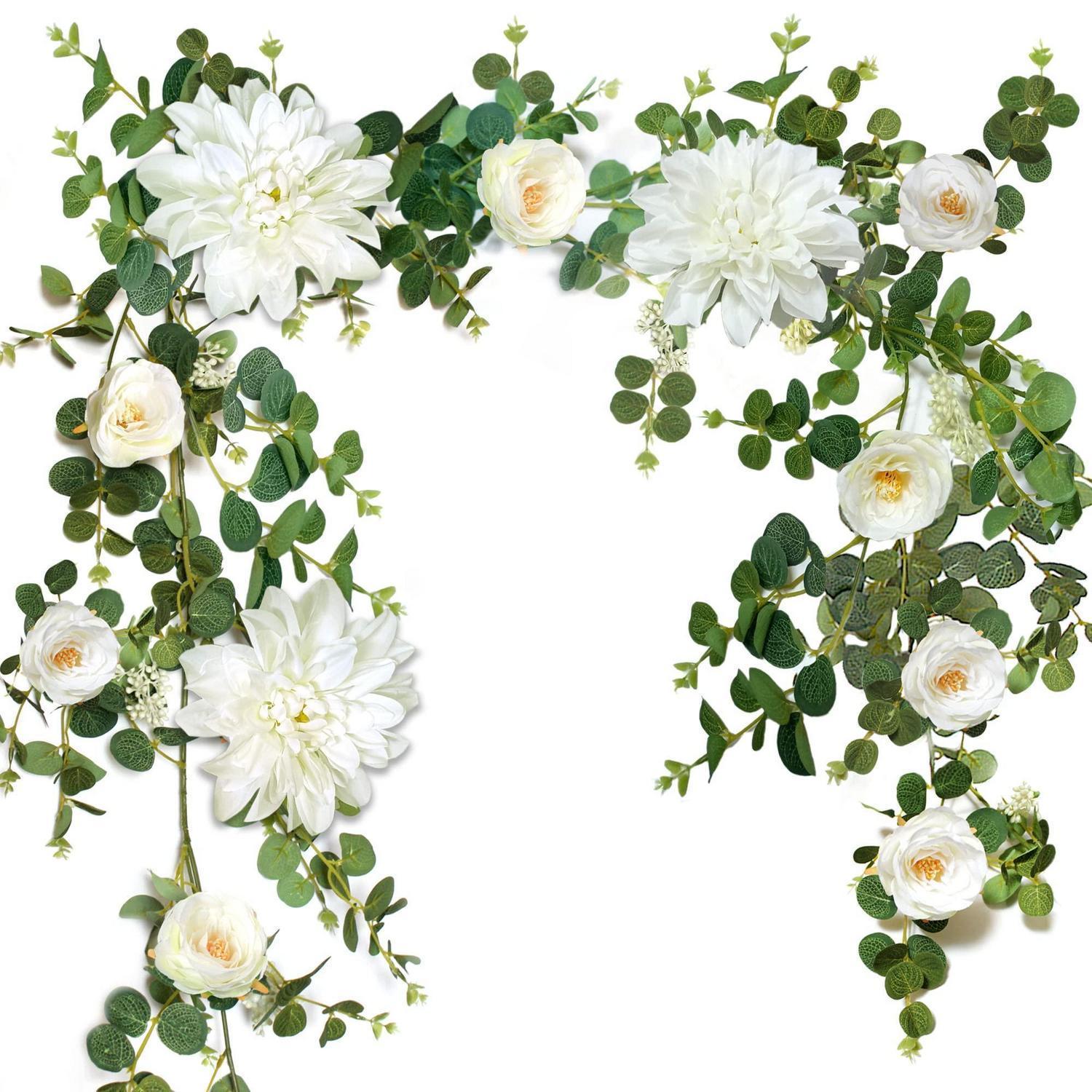 Künstliche Blumengirlande 190cm Mit Dahlien, Rosen Und Eukalyptus, Weiß