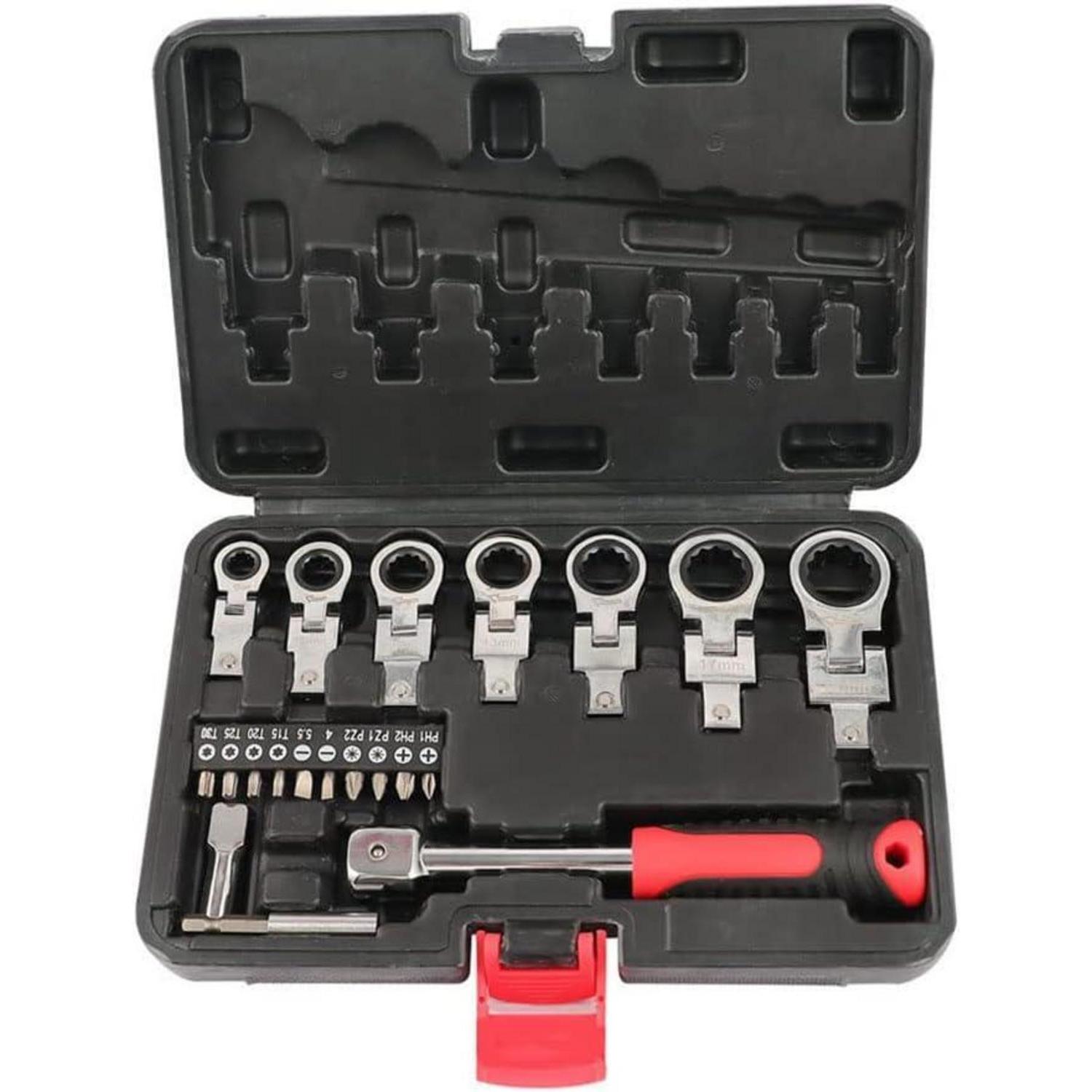 20-teiliges Ratschenschlüssel-set Mit Flexkopf, 8-19mm, Inkl. Bits Und Koffer