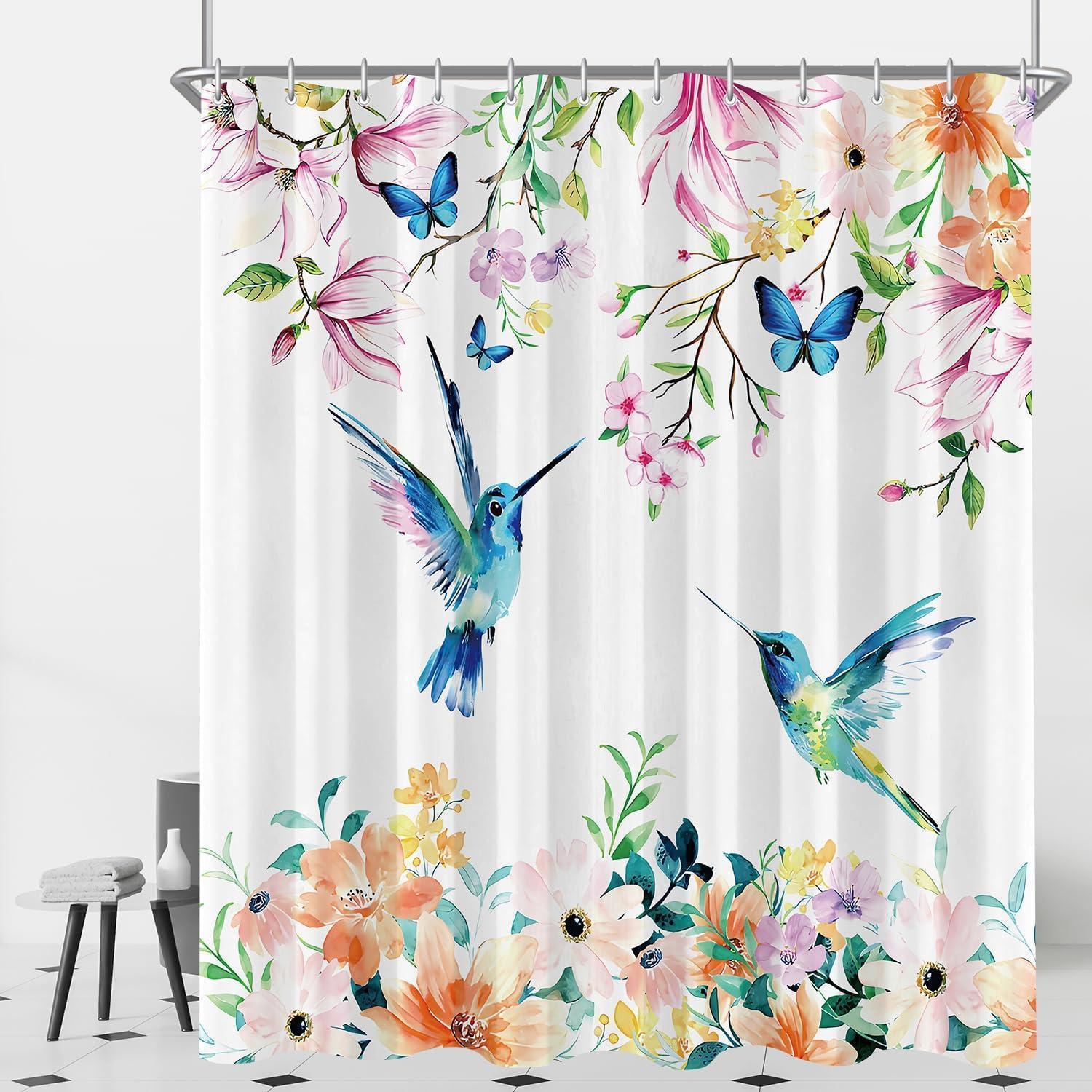 Duschvorhang 120x200 Cm Rosa Blumen Vogel, Wasserabweisend, Antischimmel, Waschbar