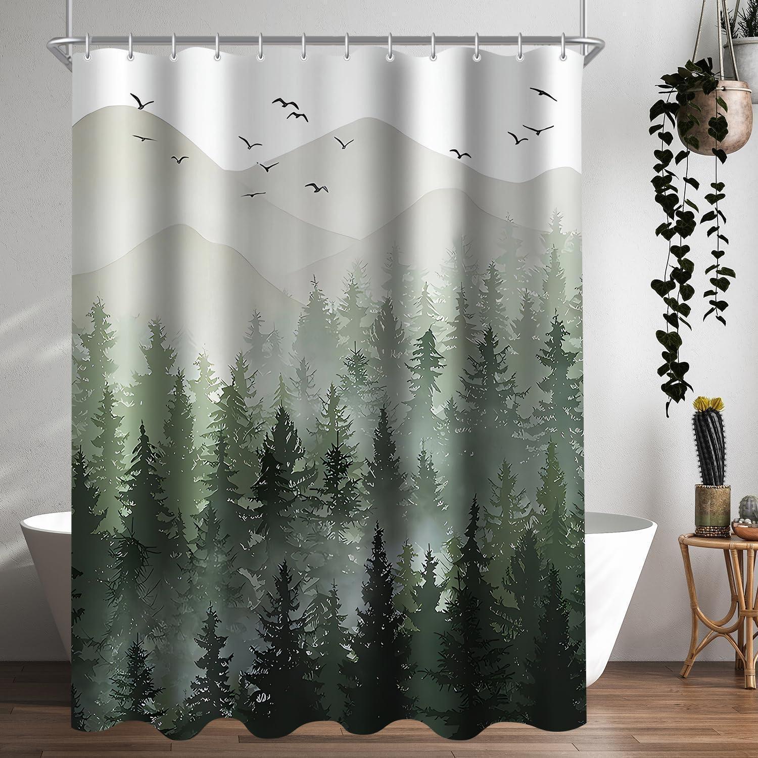 Duschvorhang 200x160cm Wald Motiv, Textil, Wasserabweisend, Waschbar, Mit Haken