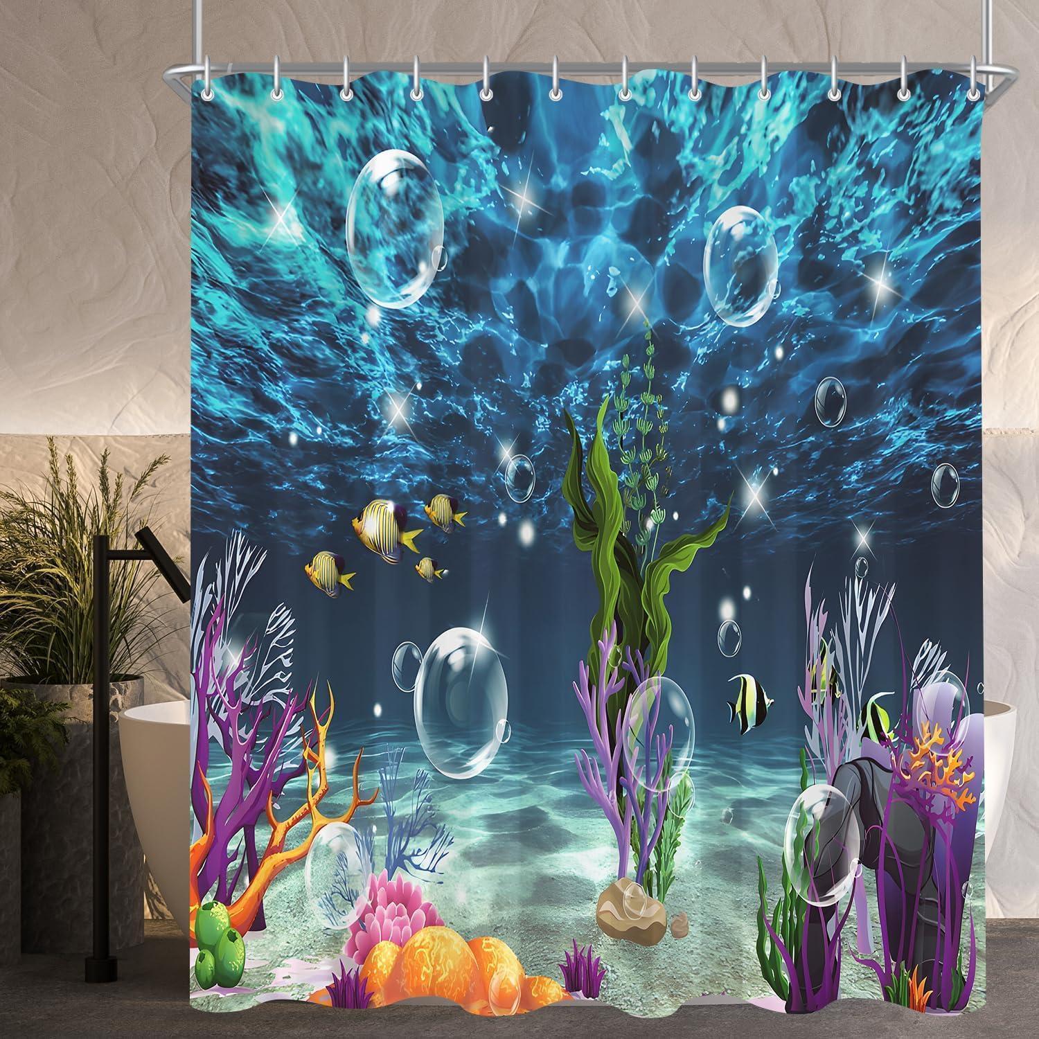 Duschvorhang 180x160cm Bunter Meeresboden, Wasserabweisend, Waschbar, Mit 12 Haken