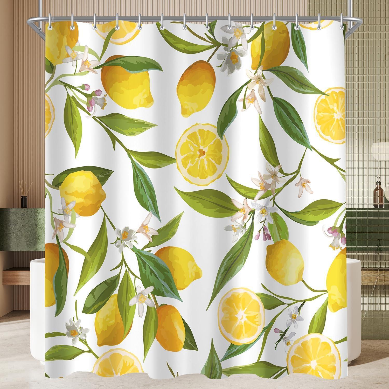 Duschvorhang 180x180cm Zitrone Blatt, Wasserabweisend, Waschbar, Mit Haken