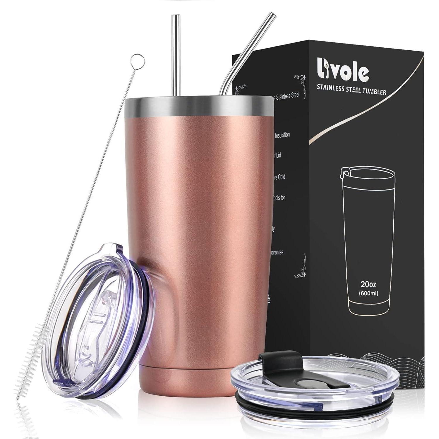 Thermosbecher 600ml Roségold Mit 2 Deckeln Und Strohhalmen