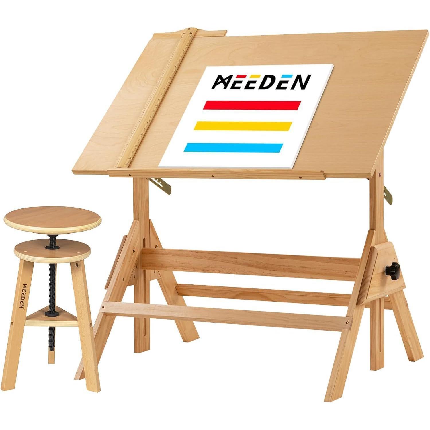 Zeichentisch Mit Hocker, Höhenverstellbar, 96x60cm, Buche, Neigbare Arbeitsfläche