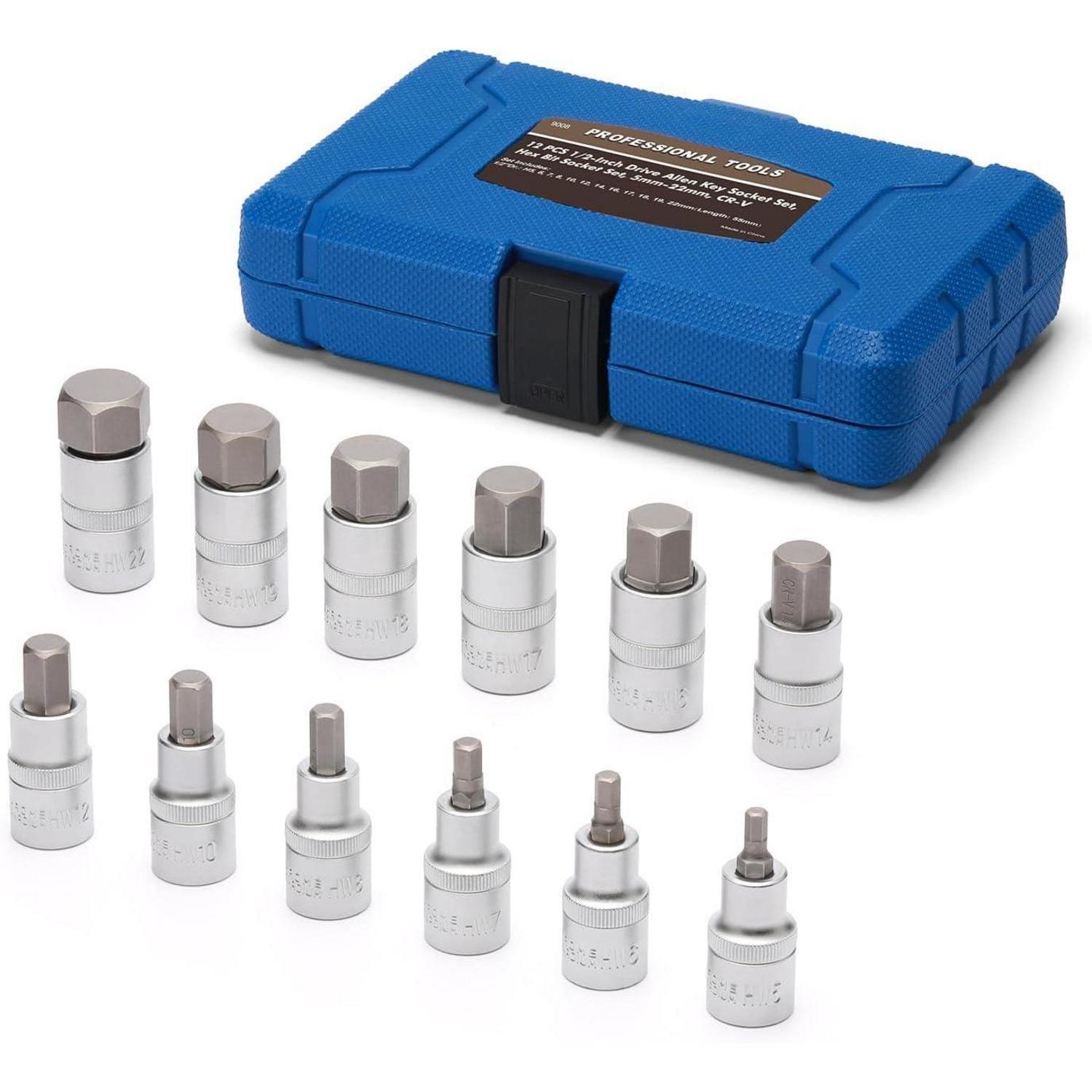 12-teiliger Innensechskant-steckschlüsselsatz 1/2" Antrieb 5-22mm Cr-v Werkzeugkasten