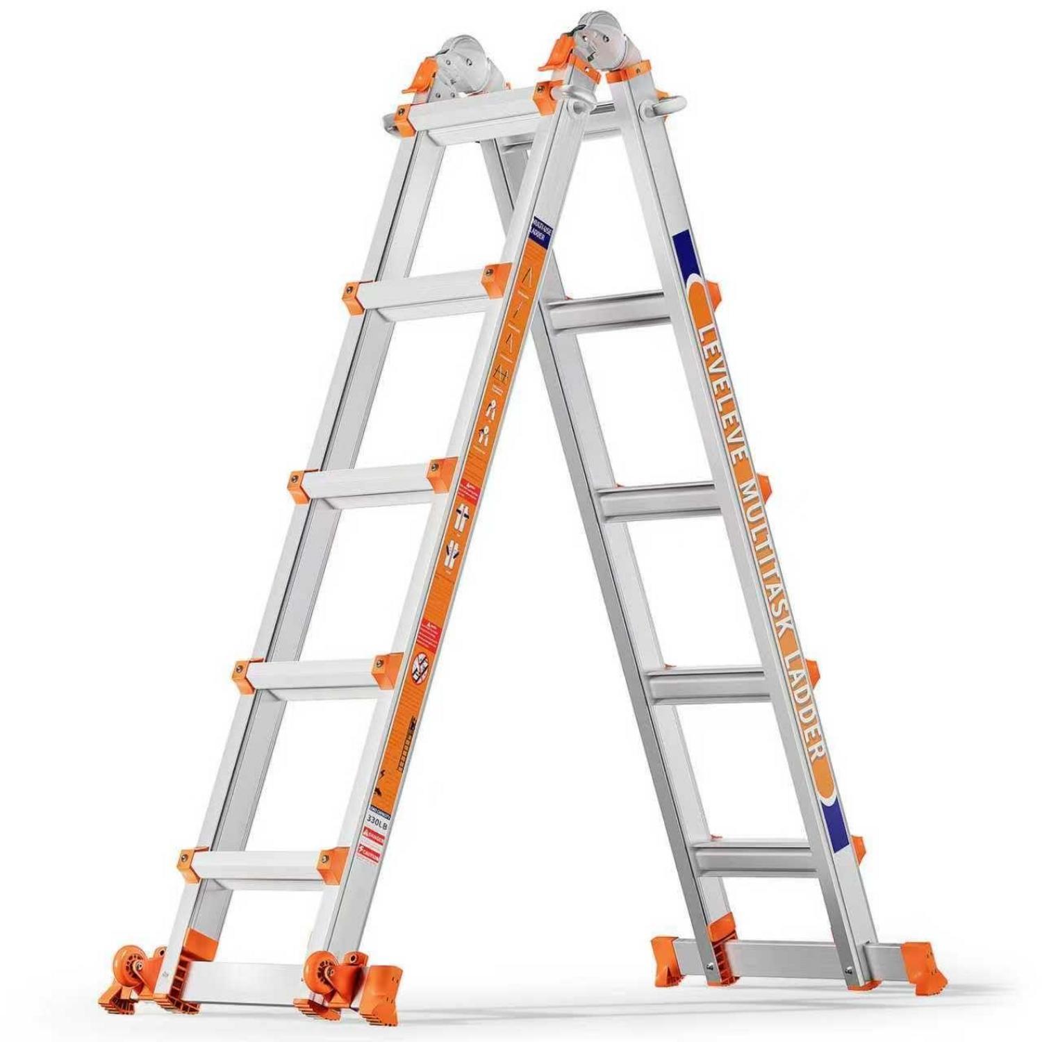 Mehrzweckleiter 5m, 5 Stufen, Aluminium, 150kg, Mit Rädern
