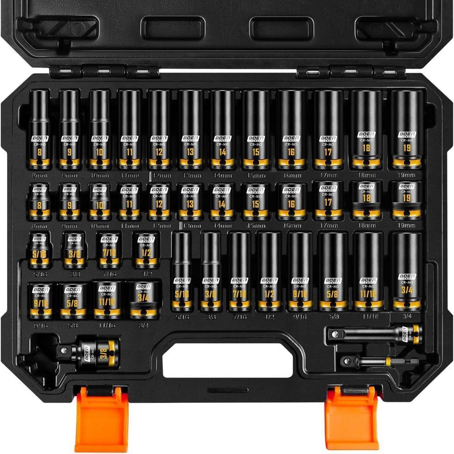 43-teiliges Schlagschrauber-stecknuss-set 3/8 Zoll Cr-mo Stahl Metrisch & Sae Tief & Flach