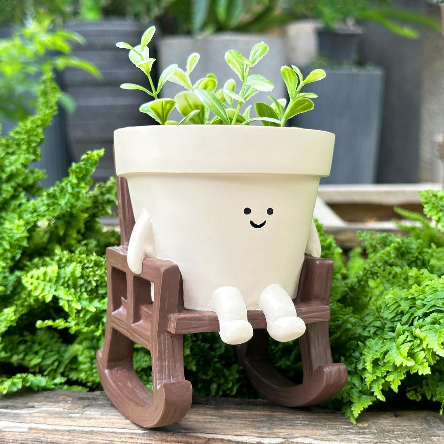 Blumentopf Mit Smiley-gesicht Auf Schaukelstuhl, Niedlicher Kunstharz-pflanztopf Für Drinnen & Draußen